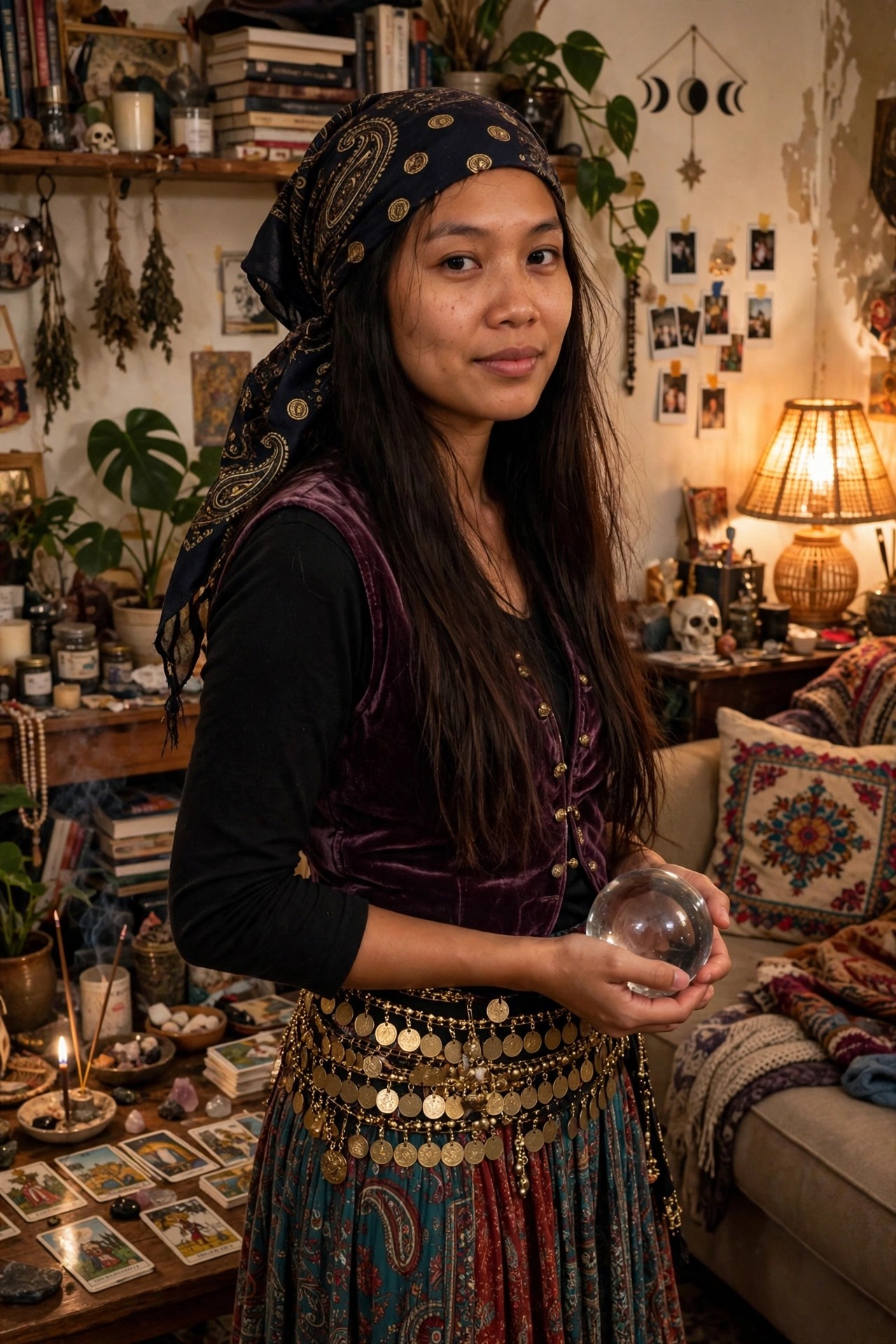 Woman wearing a fortune teller costume with purple velvet vest, coin belt, patterned skirt, dark paisley headscarf, and holding a crystal ball in a room filled with tarot cards and mystical items.
