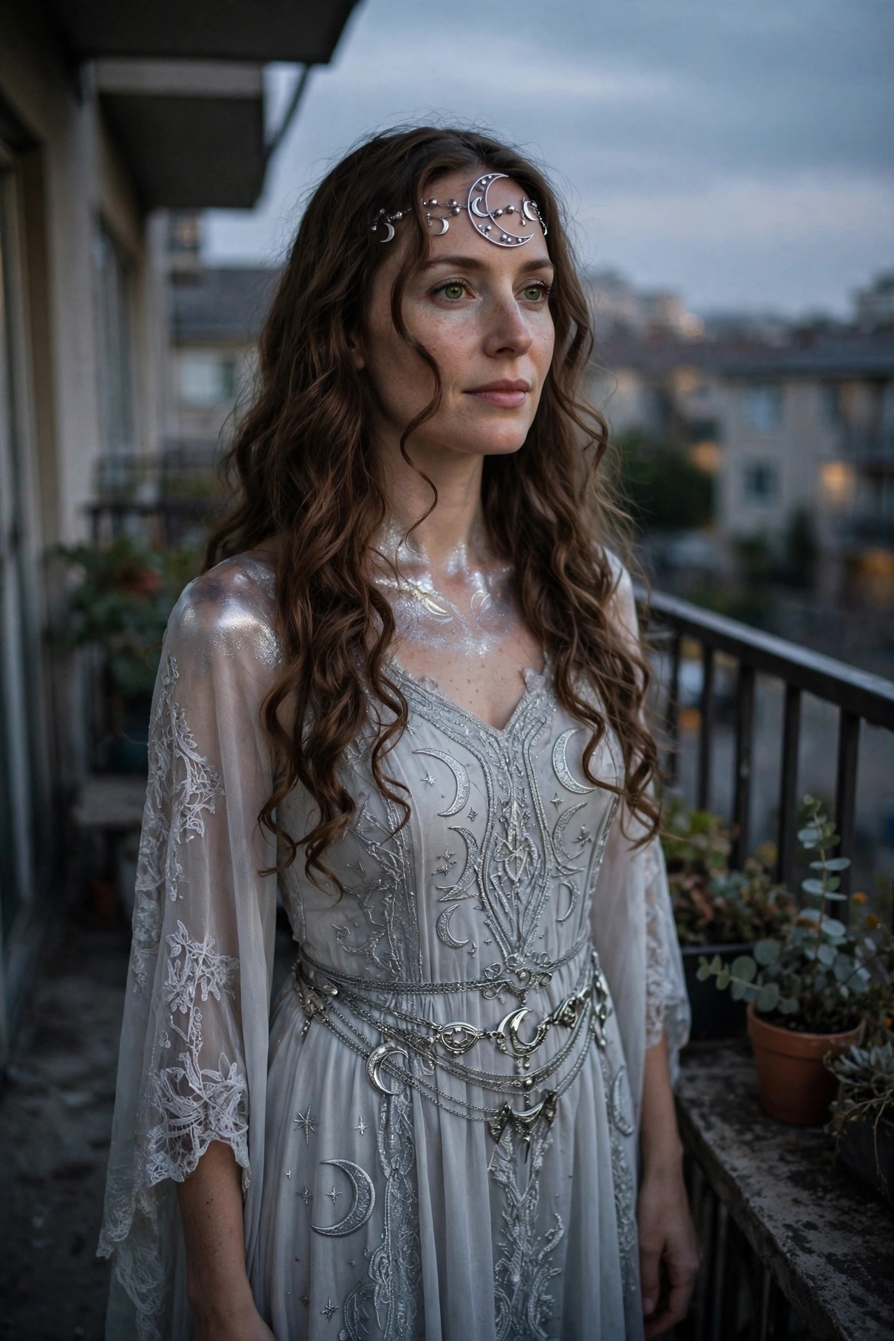 Woman with long wavy brown hair wearing a grey dress covered in silver moon and star embroidery, a crescent moon headpiece, and a layered silver moon belt.