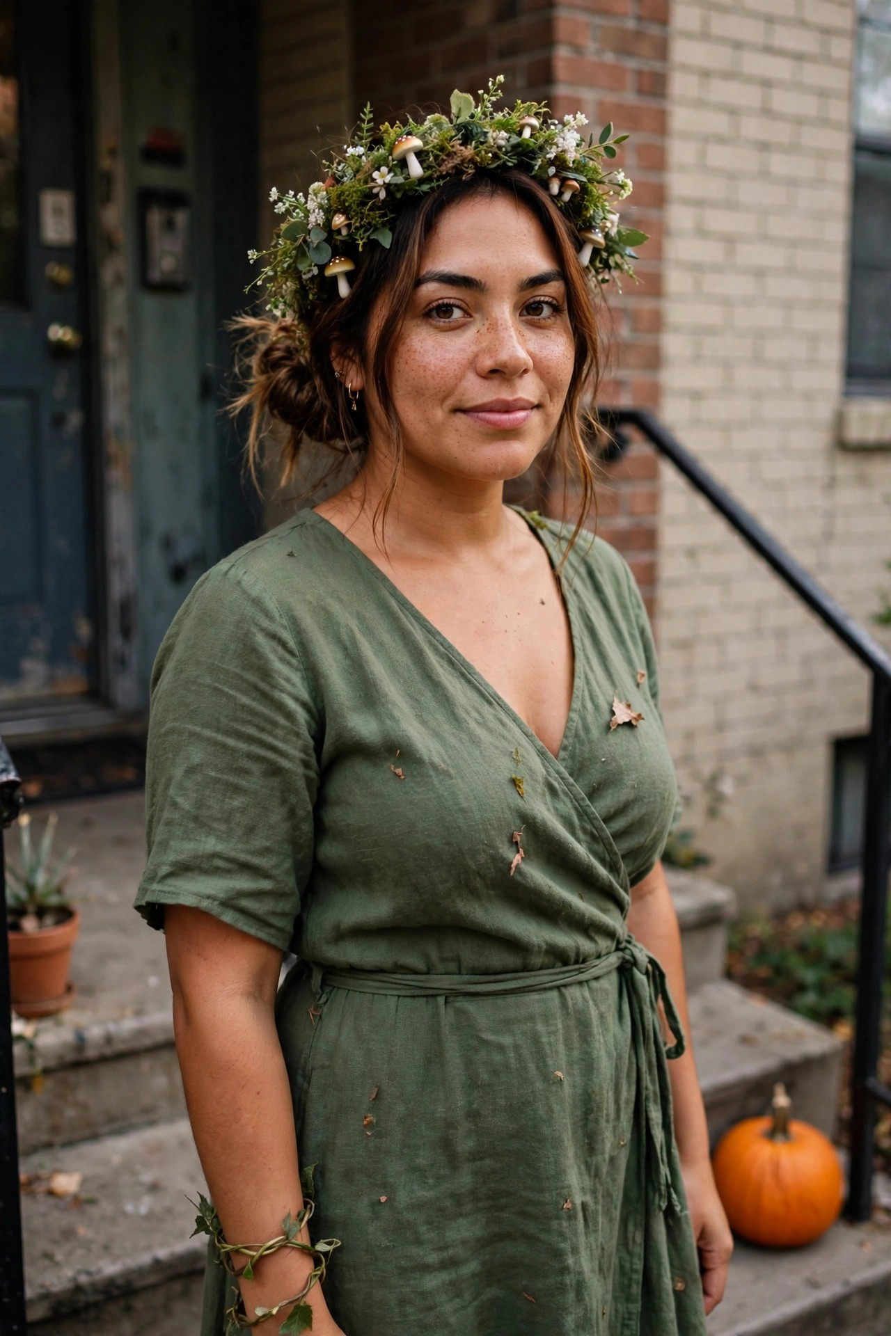 Woman wearing a green wrap dress and a large crown made of mushrooms, moss, and small flowers for a woodland nymph Halloween costume.