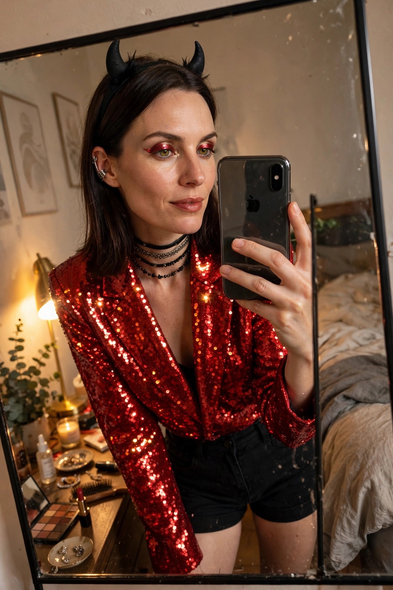 Woman with brown hair wearing black devil horns, red sequin blazer, black shorts, and layered chokers while taking a mirror selfie.