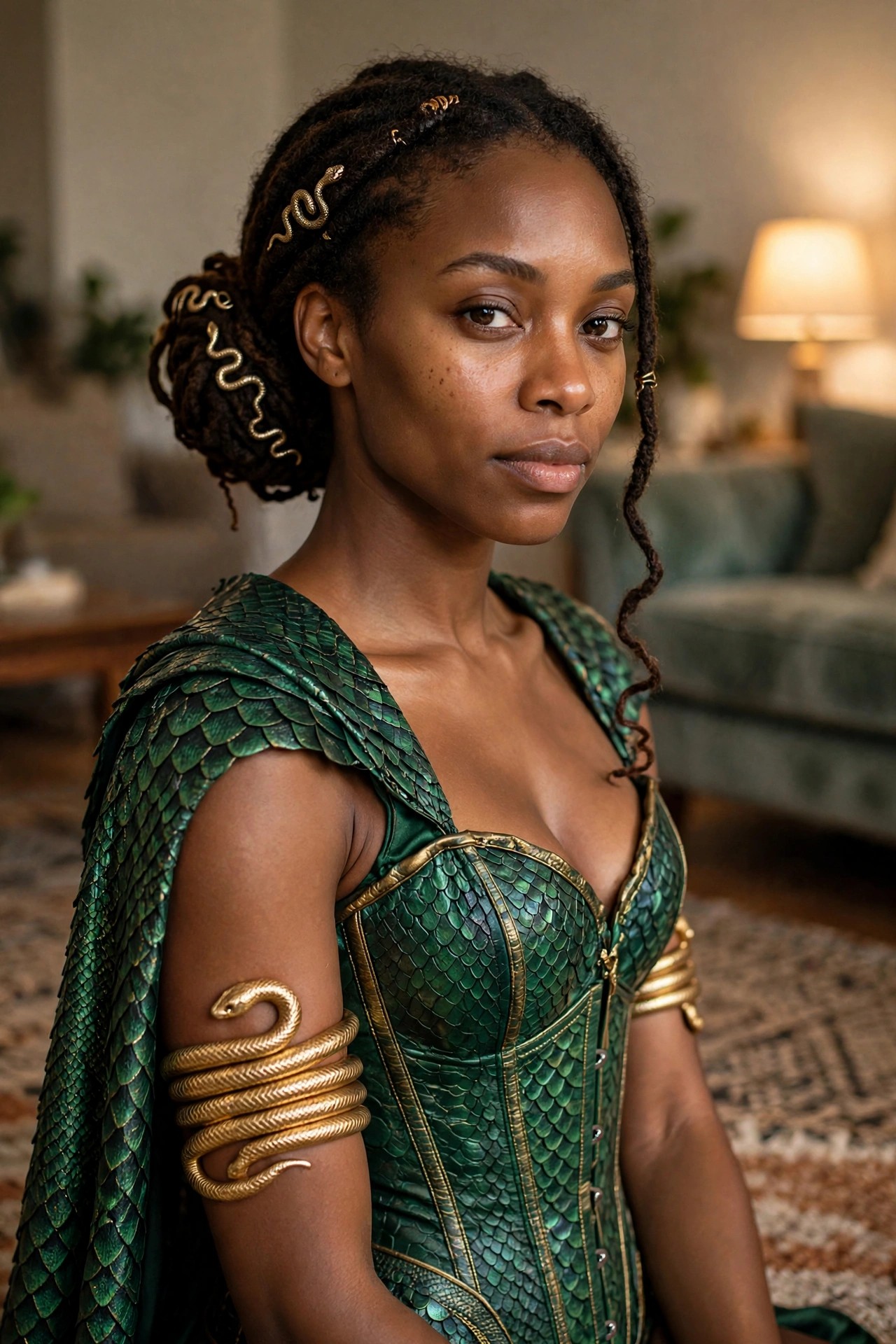 Woman wearing a green scaled corset dress with matching shoulder cape and gold snake arm cuff, brown hair in an updo with small gold snake clips.