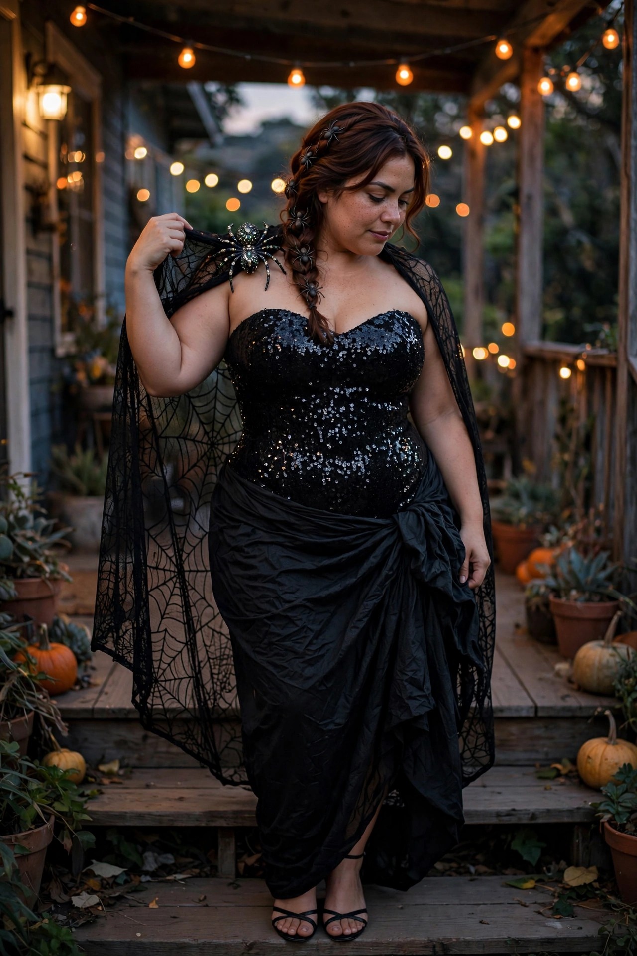 Woman wearing black sequin corset top with draped black skirt and large black lace spiderweb shawl featuring jeweled spider brooches, plus matching spider hair accessories in braided brown hair.