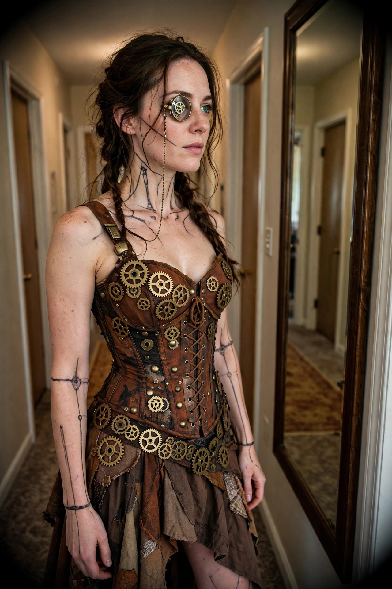 Woman wearing a brown steampunk corset covered in brass gears, a mechanical monocle over one eye, and black line drawings on her skin resembling metal joints.