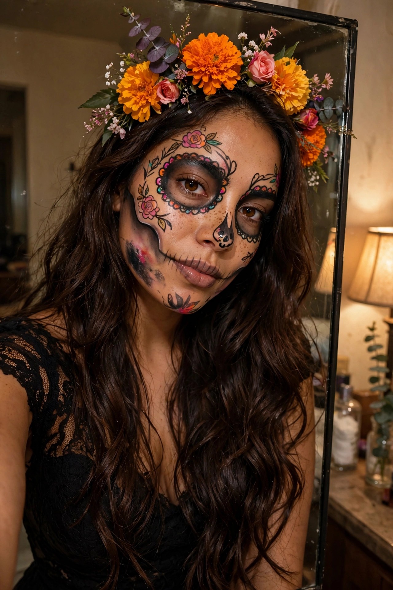 Woman wearing sugar skull face paint with colorful floral details, a crown of orange marigolds and pink roses, and long dark brown wavy hair.