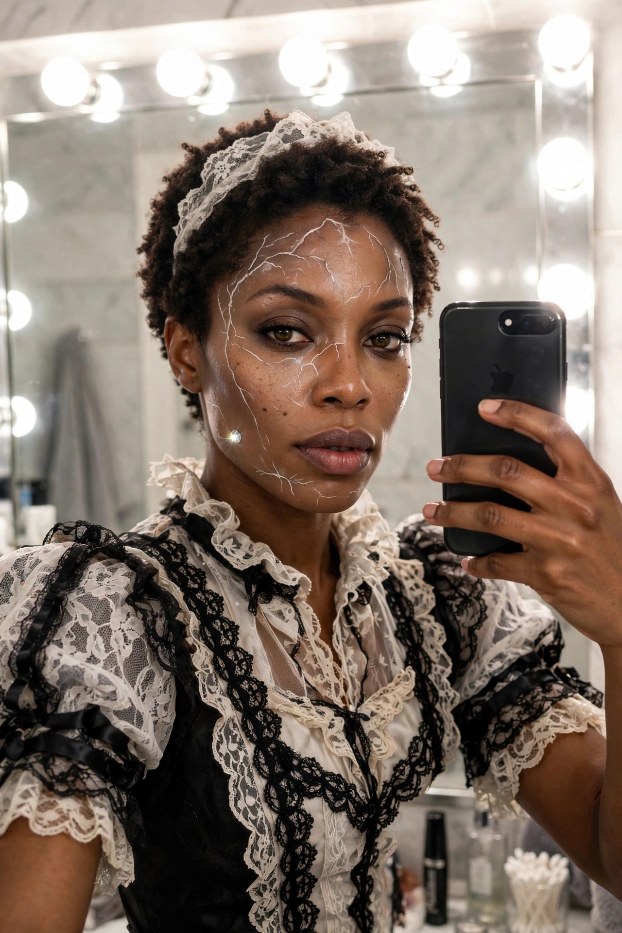 Woman wearing a black and white lace Victorian blouse with a white lace headband and cracked porcelain face paint while taking a mirror selfie.
