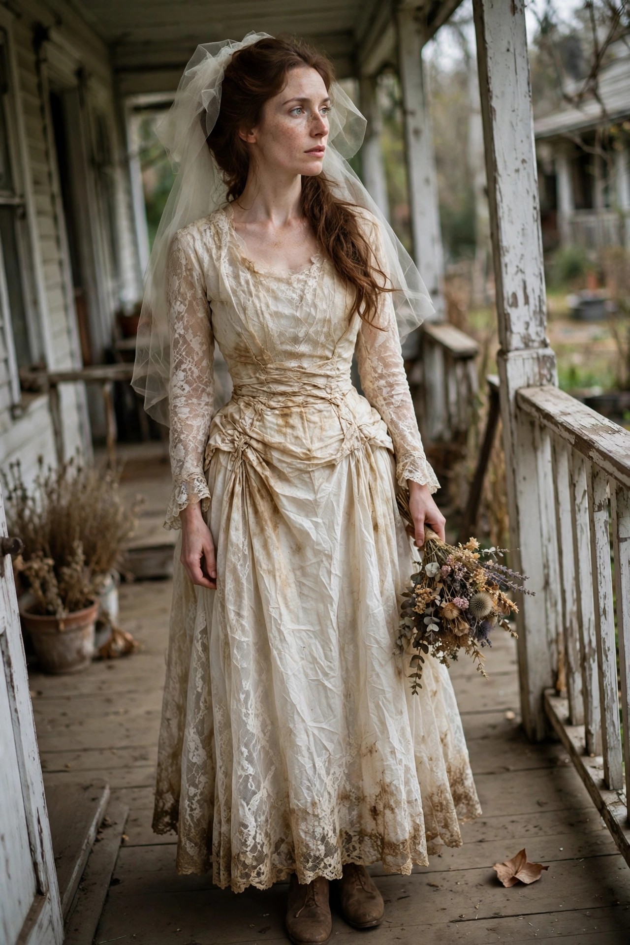 Woman wearing a stained off-white lace wedding dress with a veil and holding a dried flower bouquet as a Victorian ghost bride costume.