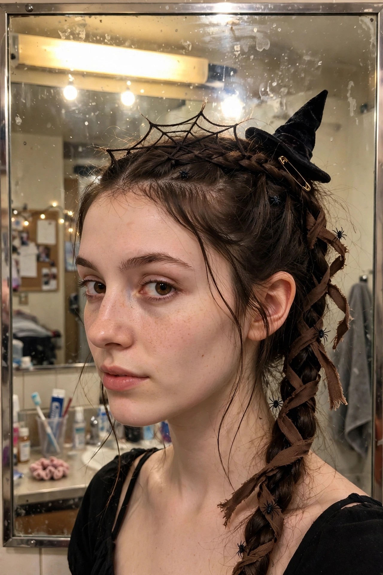 Woman with brown hair in braids wearing a small black witch hat and spiderweb hair accessory with plastic spiders placed throughout the braid.