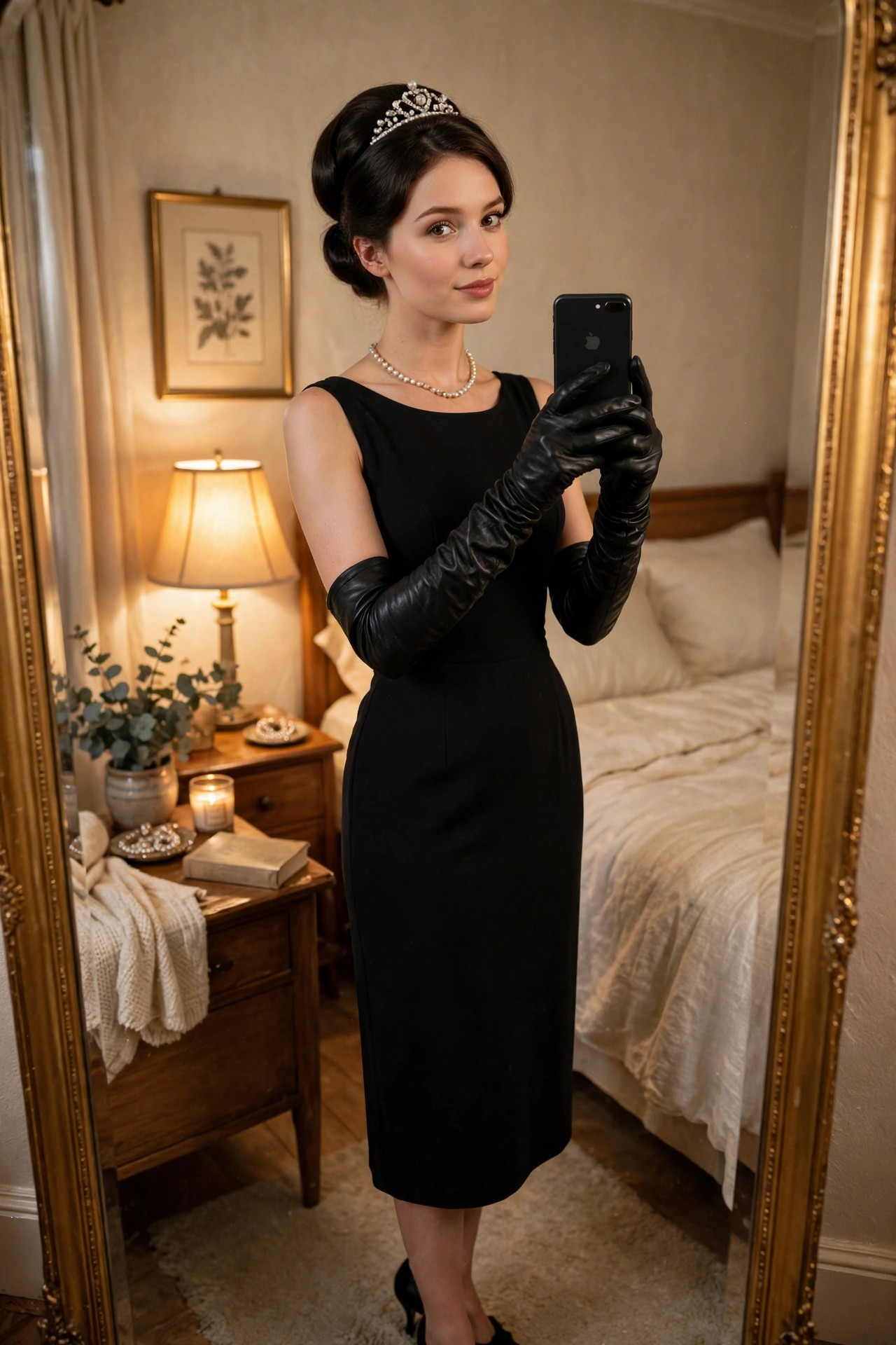 Woman wearing a black midi dress with long black gloves, a jeweled tiara, and pearl necklace in an updo, holding a phone for a mirror selfie.
