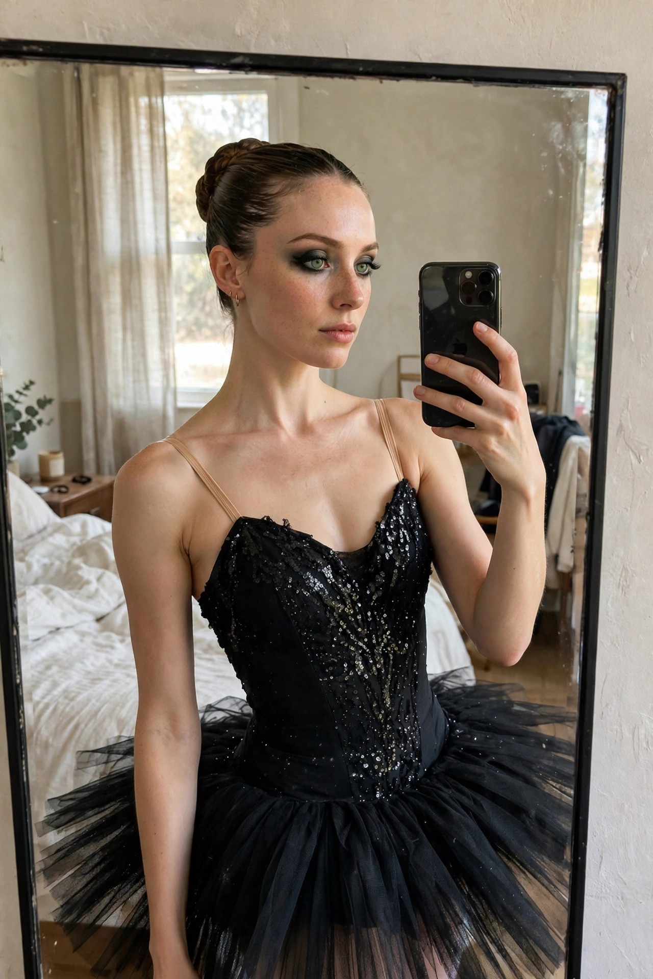 Woman wearing a black sequined corset top and voluminous black tulle tutu skirt with dramatic black eye makeup and hair in a sleek updo while taking a mirror selfie.