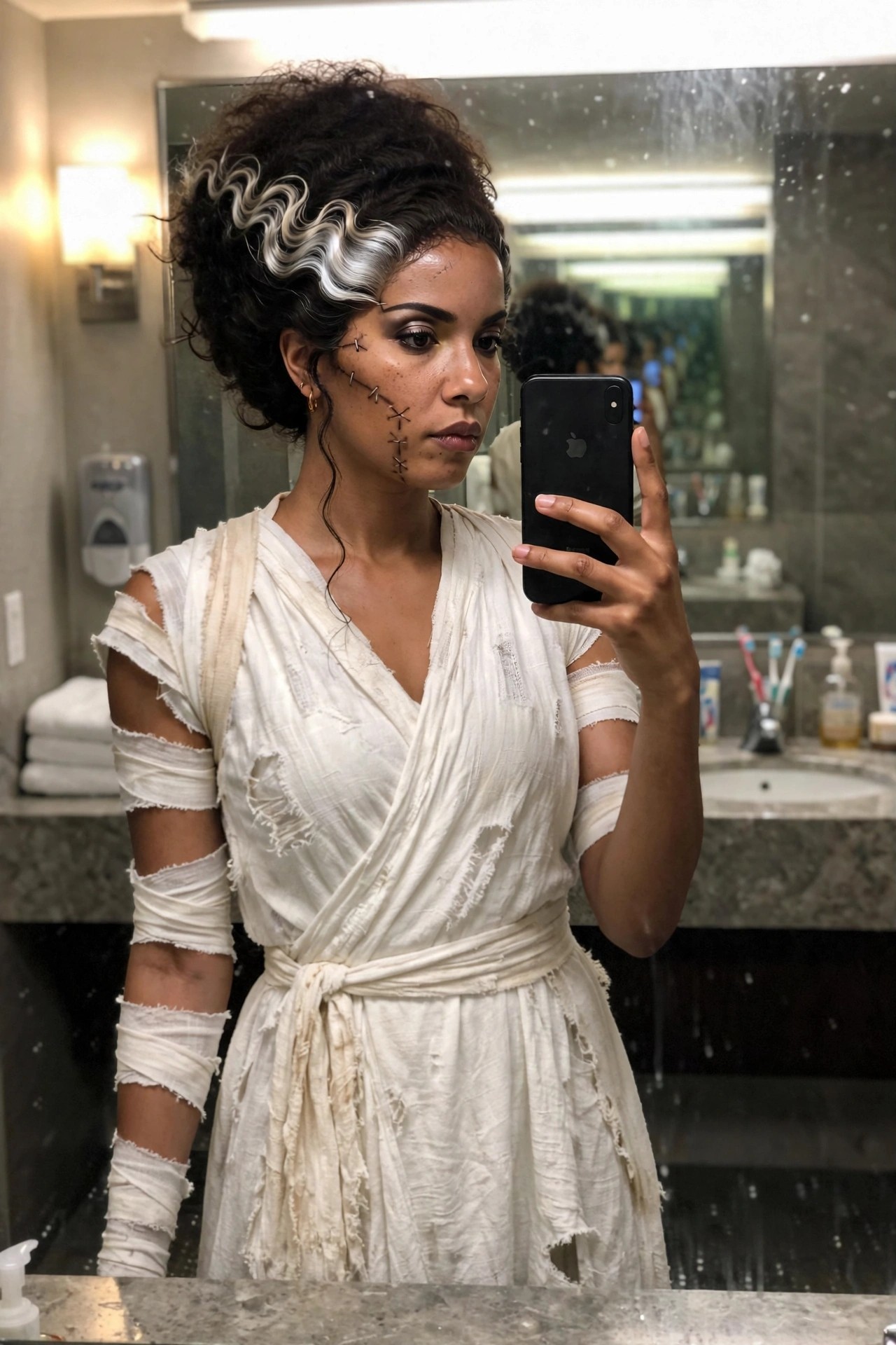 Woman wearing a tattered white wrap dress with arm bandages and face stitches as a Bride of Frankenstein costume.