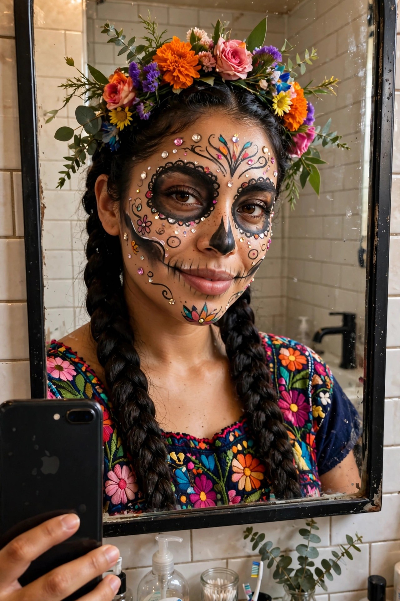 Woman wearing a Catrina sugar skull costume with detailed face paint, a large flower crown of orange, pink, and purple blooms, and two long dark braids.