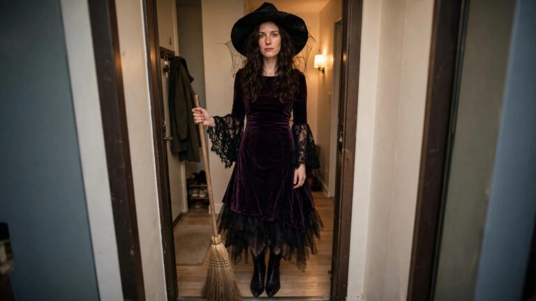 18 Iconic Halloween Costume Ideas for Women That Never Go Out of Style Woman wearing a classic witch costume with a black pointed hat, purple velvet dress featuring lace bell sleeves and black tulle hem, holding a broom, standing in a doorway.