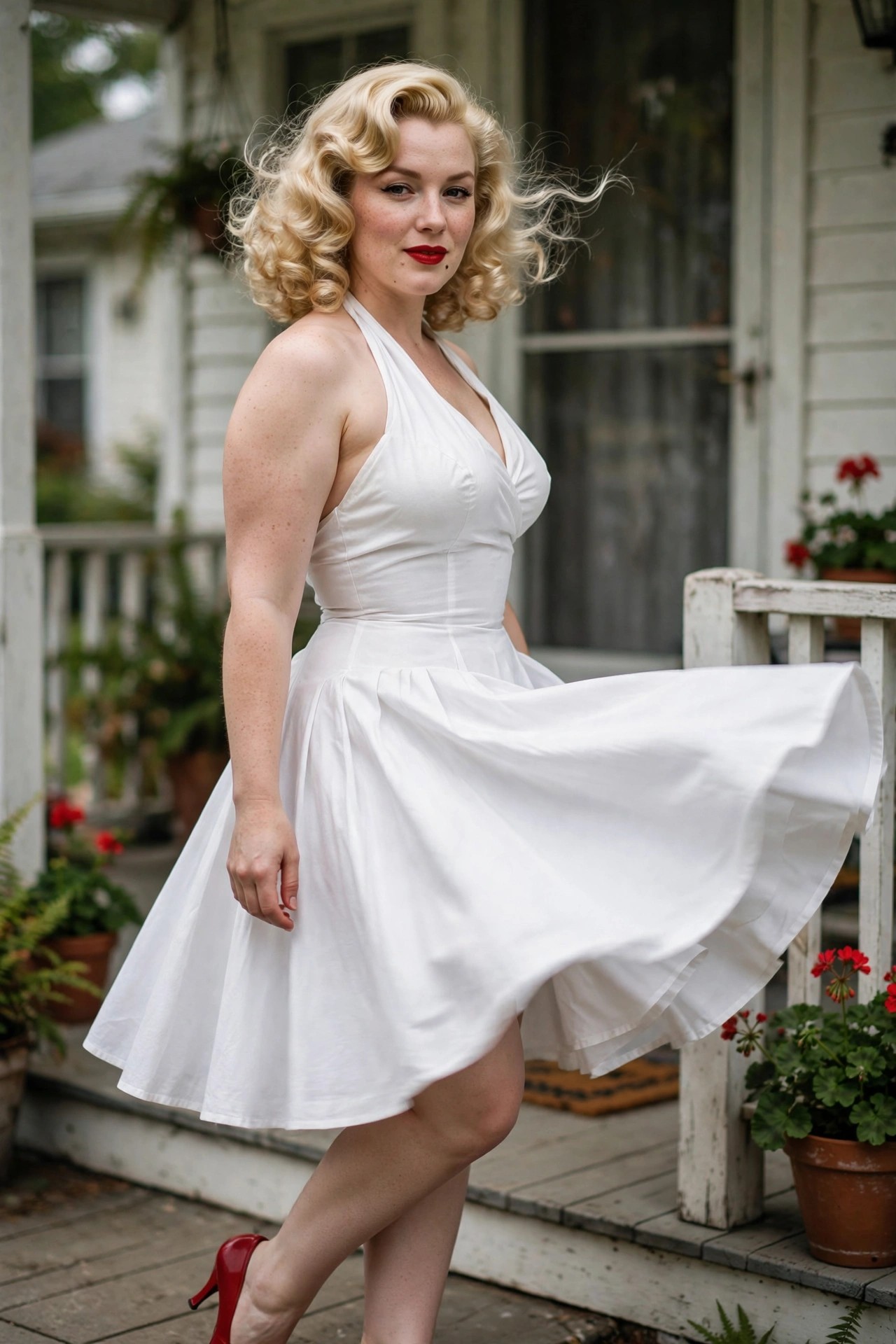 Woman wearing a white halter dress with a full skirt lifted by wind, paired with red heels and red lipstick in a Marilyn Monroe style pose.