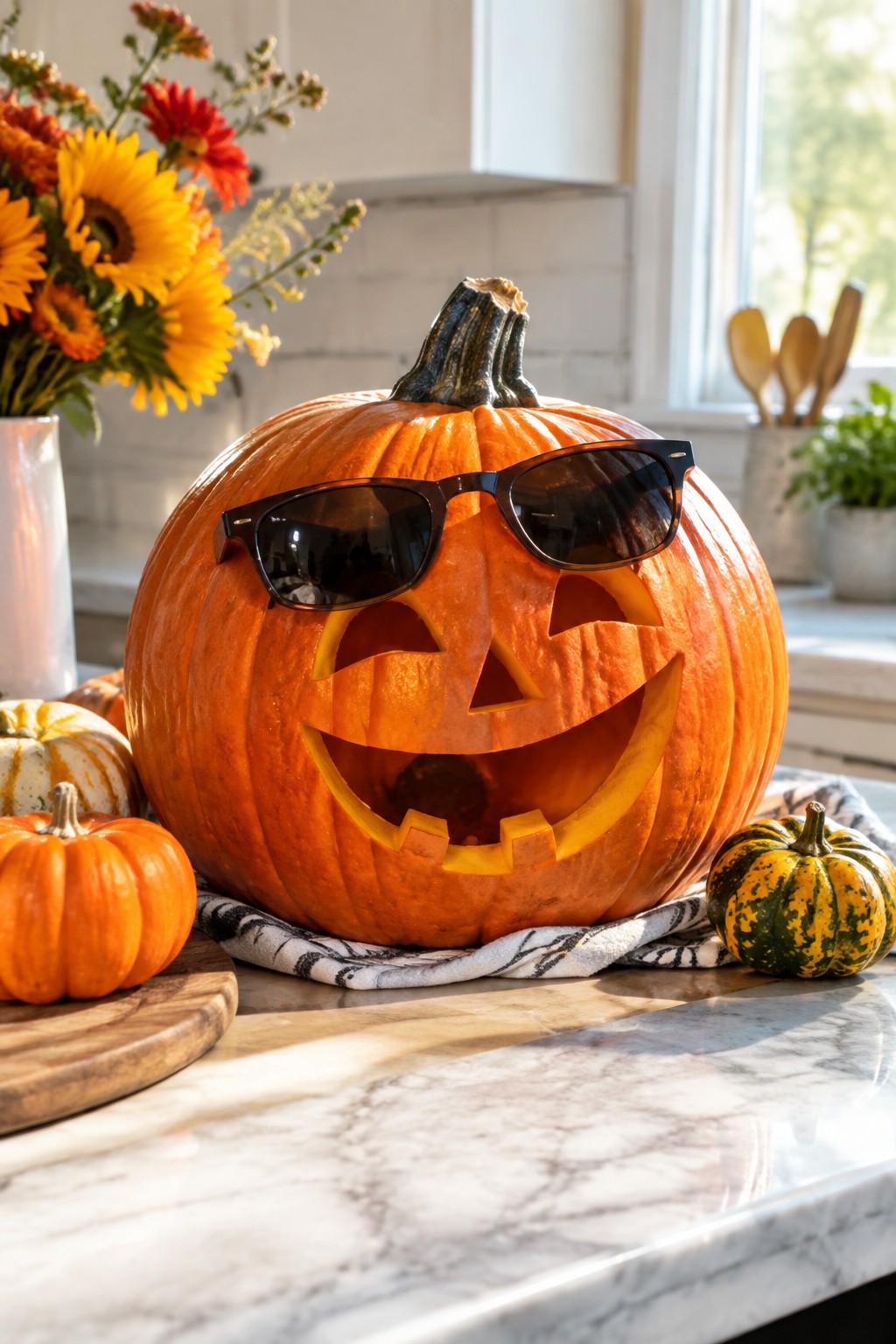 A large carved jack o lantern wearing black sunglasses sits on a kitchen counter with smaller pumpkins and flowers nearby.