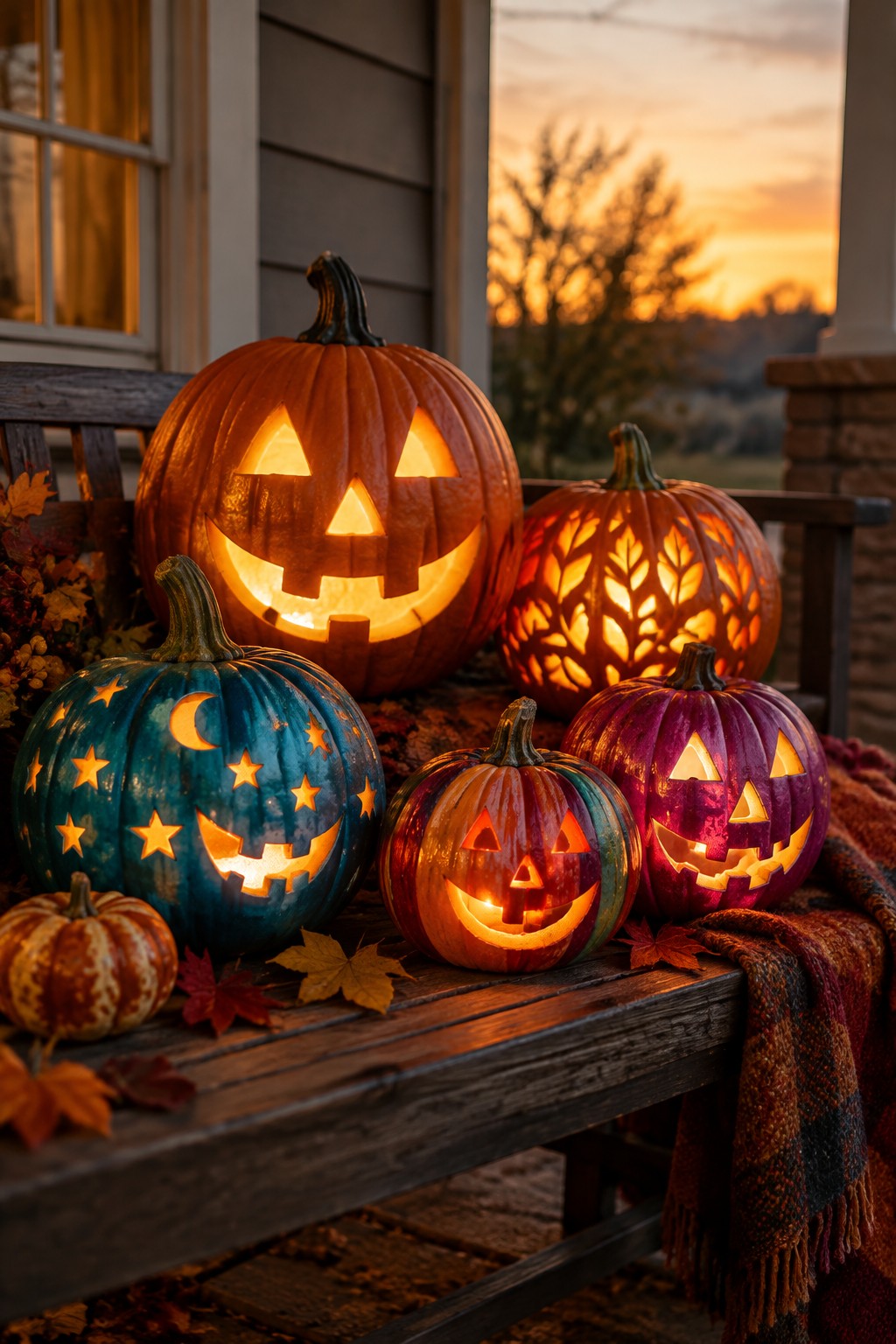Several lit jack o lanterns with carved faces and patterns arranged on a wooden porch bench at dusk.