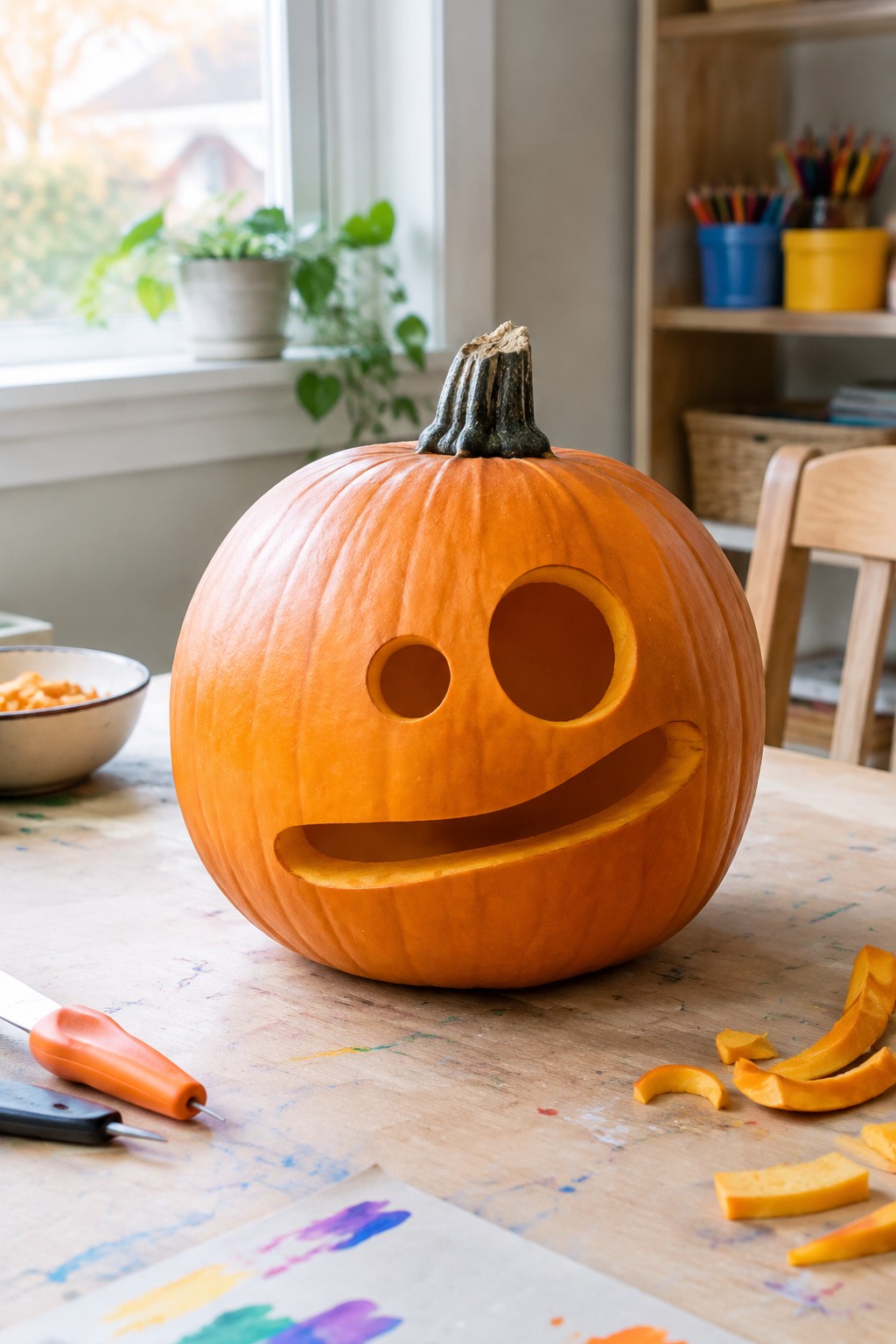 A carved pumpkin with a simple smiley face on a wooden table beside carving tools and pumpkin scraps.