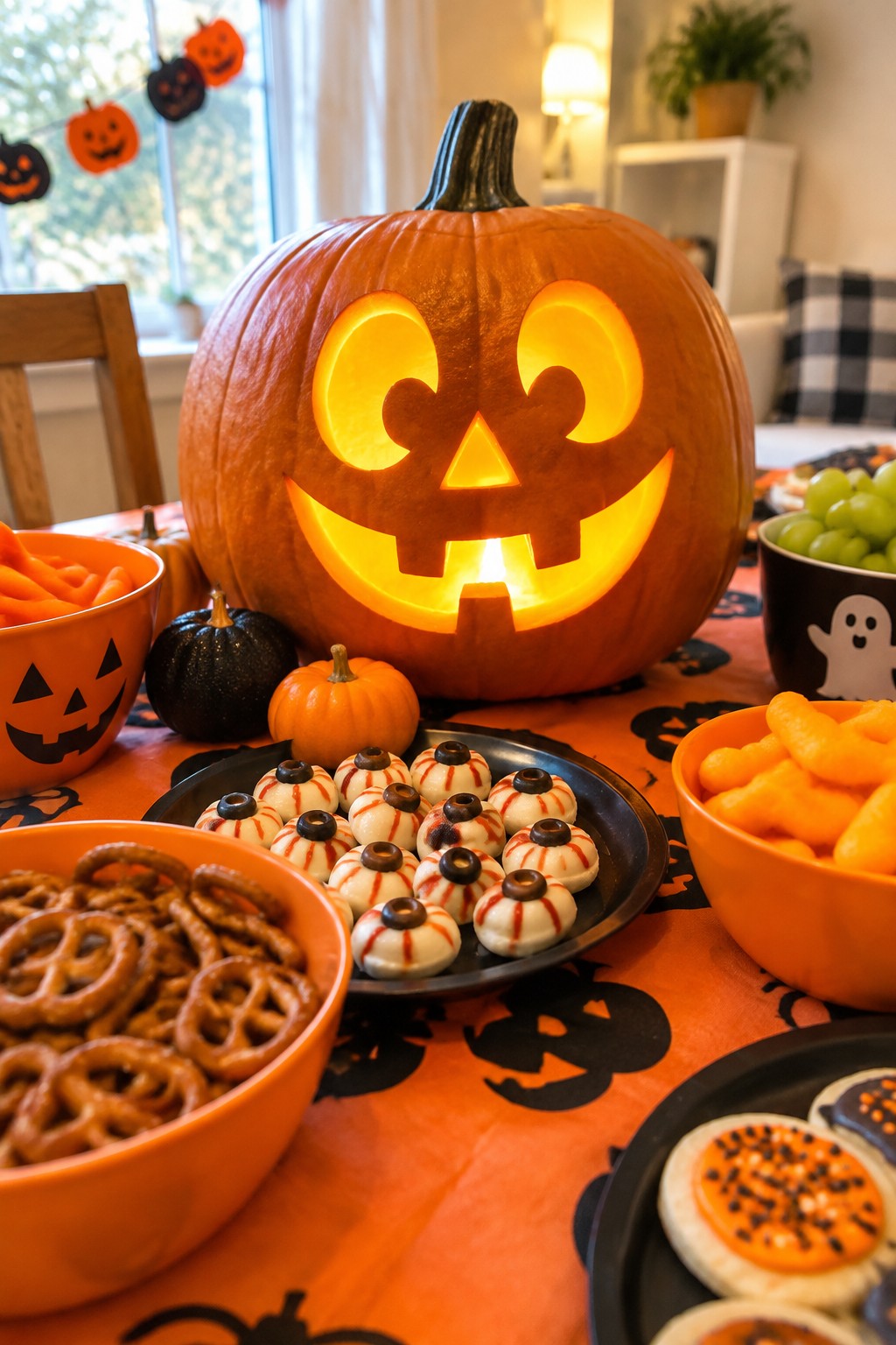 Large carved jack o lantern with glowing face used as centerpiece on orange Halloween table surrounded by snack bowls.