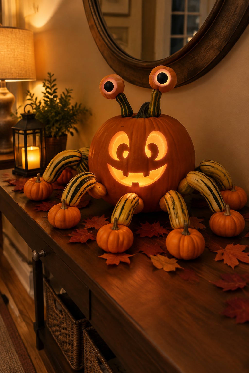 A carved jack o lantern styled as a spider with striped gourd legs and small pumpkin eyes on a wooden console table.
