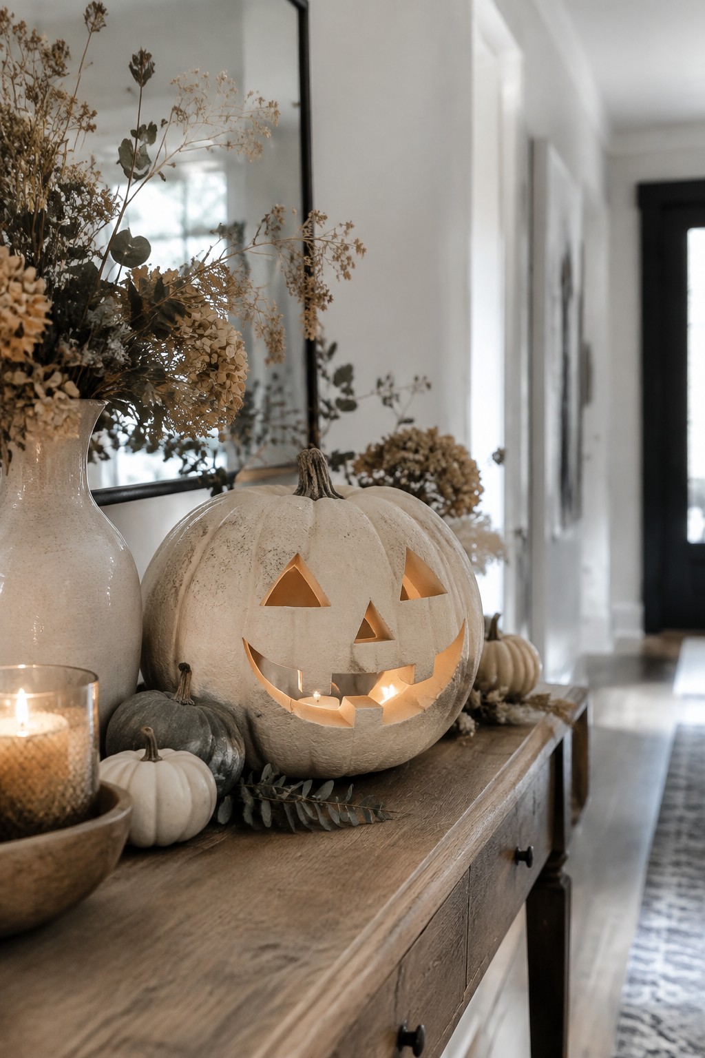 A lit carved white jack o lantern sits on a wooden console table in an entryway with small pumpkins and dried flowers nearby.