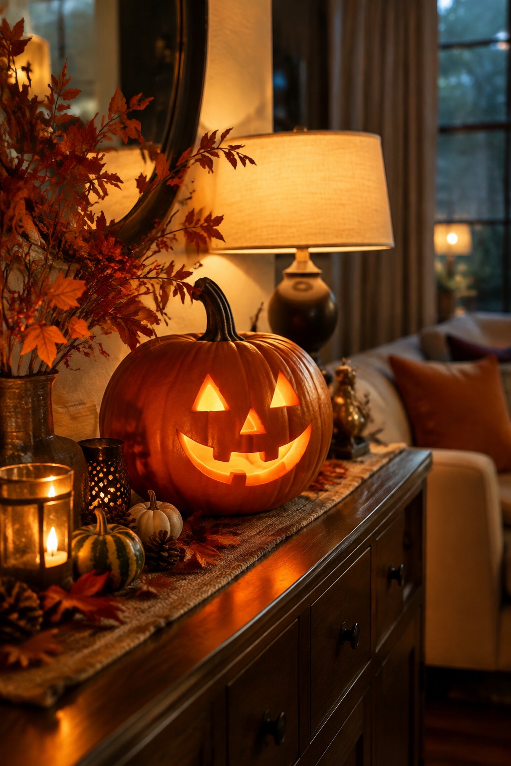 A carved and lit jack o lantern sits on a wooden console table beside autumn leaves and small candles in a living room setting.