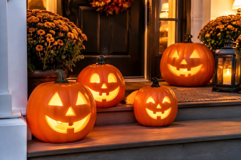 18 Jack O’ Lantern Ideas for Kids That Are Mess-Free and Fun Three glowing jack-o'-lanterns on an autumn porch with mums and leaves.