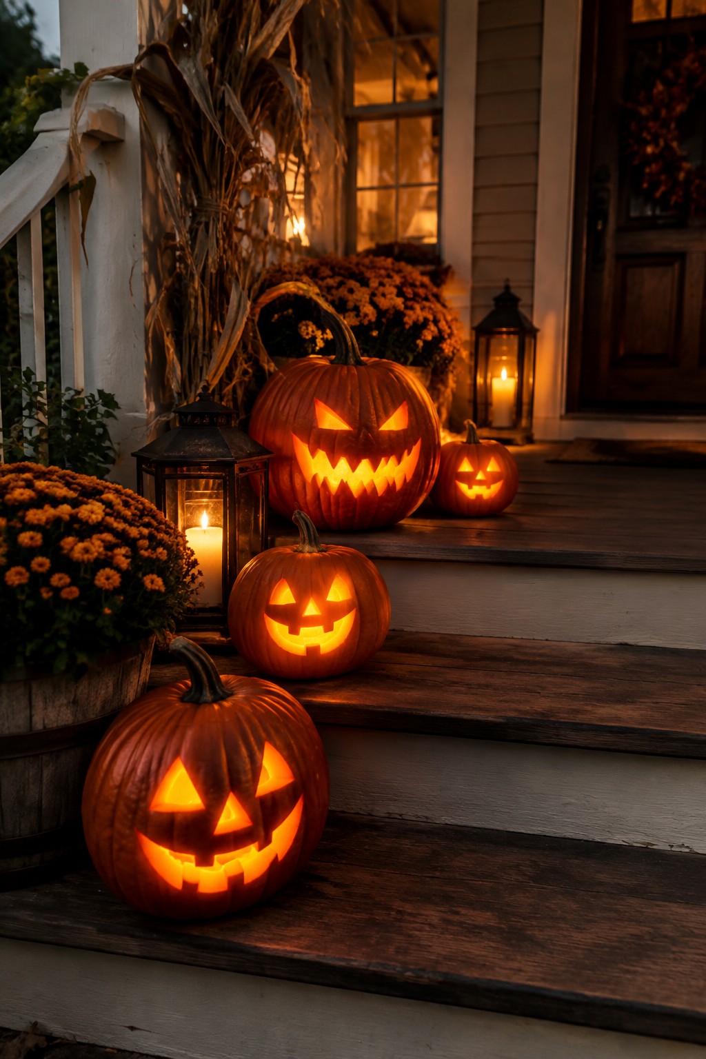 Several lit jack o' lanterns with carved faces arranged on the wooden steps of a front porch at dusk.