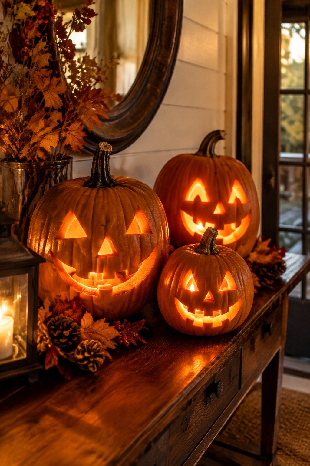 Three carved jack o lanterns with glowing faces arranged on a dark wooden console table in an entryway.