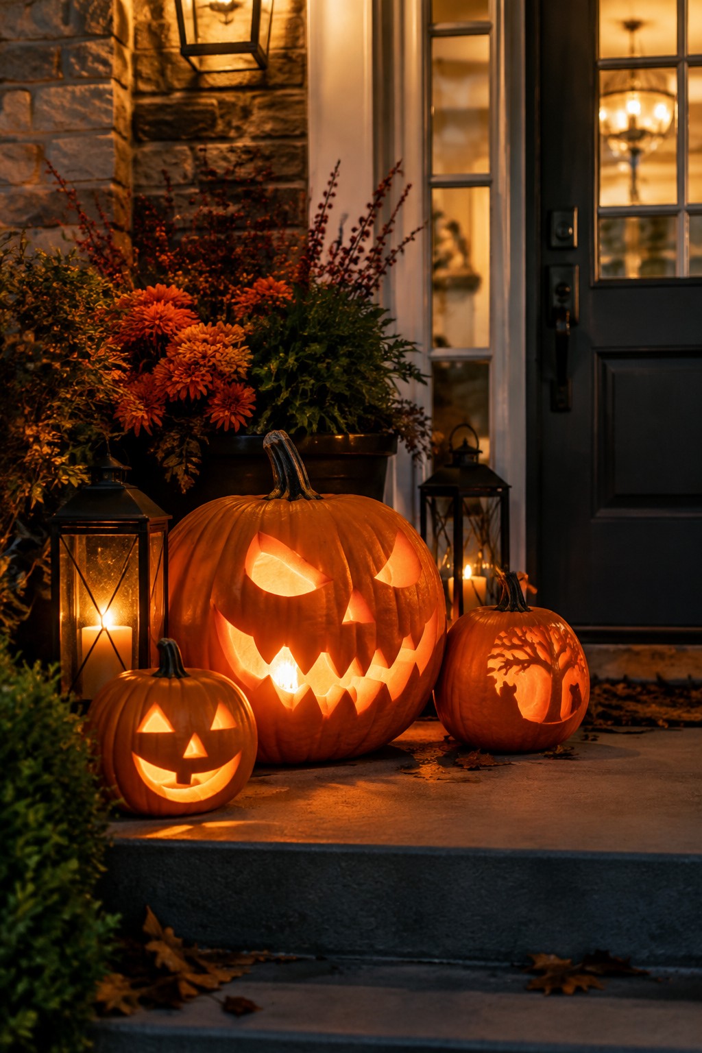 Three glowing jack-o'-lanterns with lanterns and autumn flowers on porch steps