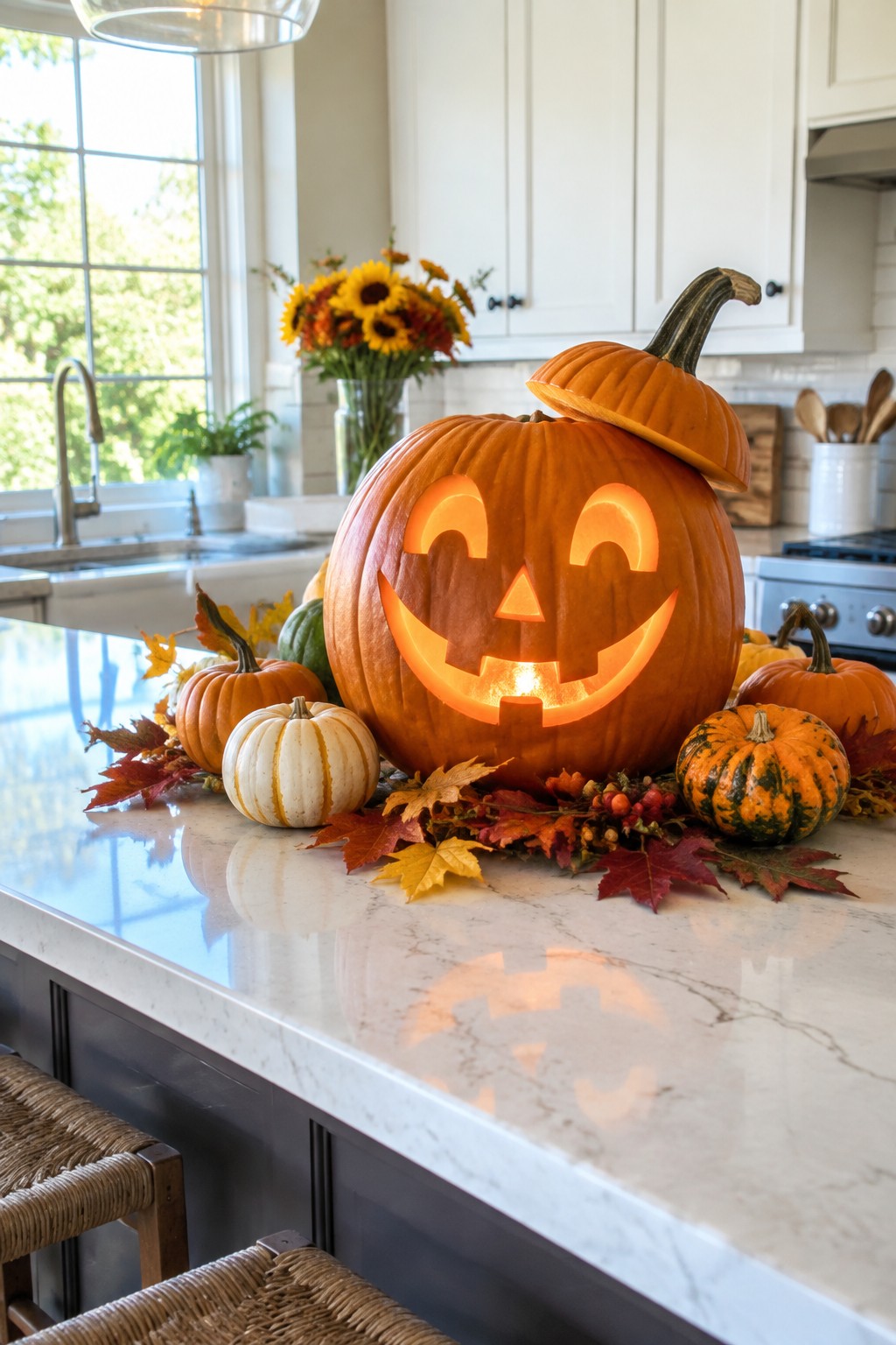 Large carved jack o lantern with a glowing face sits on a kitchen island surrounded by smaller pumpkins and autumn leaves.