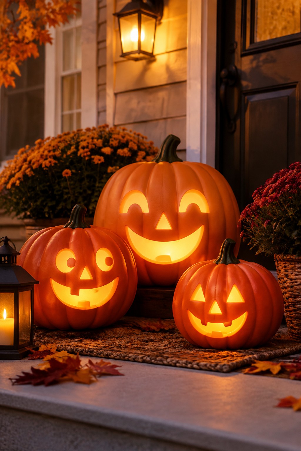 Three glowing jack-o'-lanterns on an autumn porch with mums and leaves.