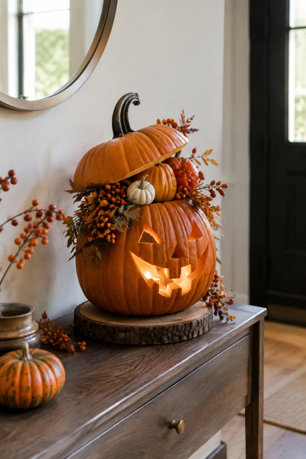 Large carved jack o lantern with glowing face on a wooden console, topped with an open pumpkin filled with smaller pumpkins and autumn berries.