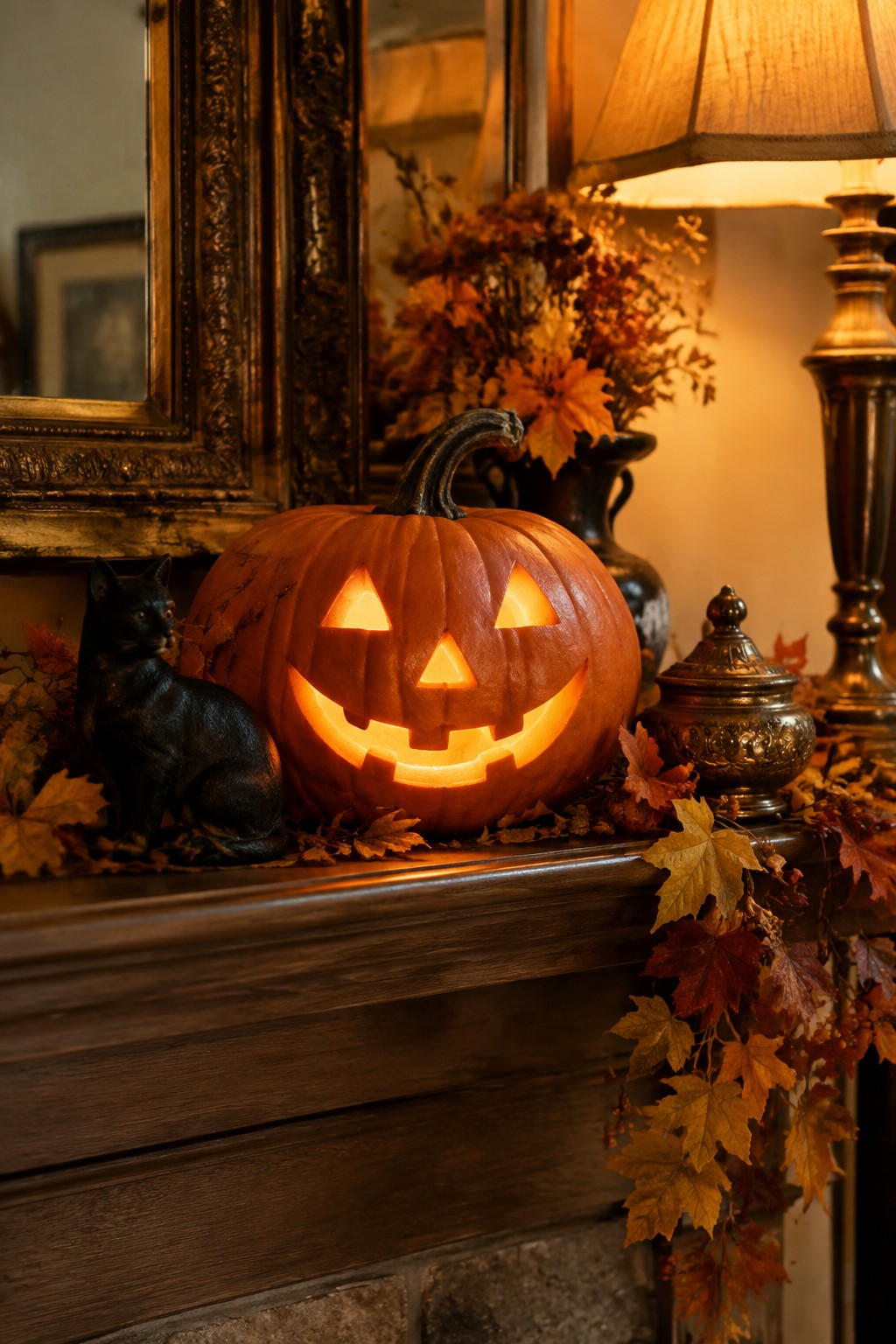 Lit jack-o'-lantern on wooden mantel with black cat, autumn leaves, and warm lamp light