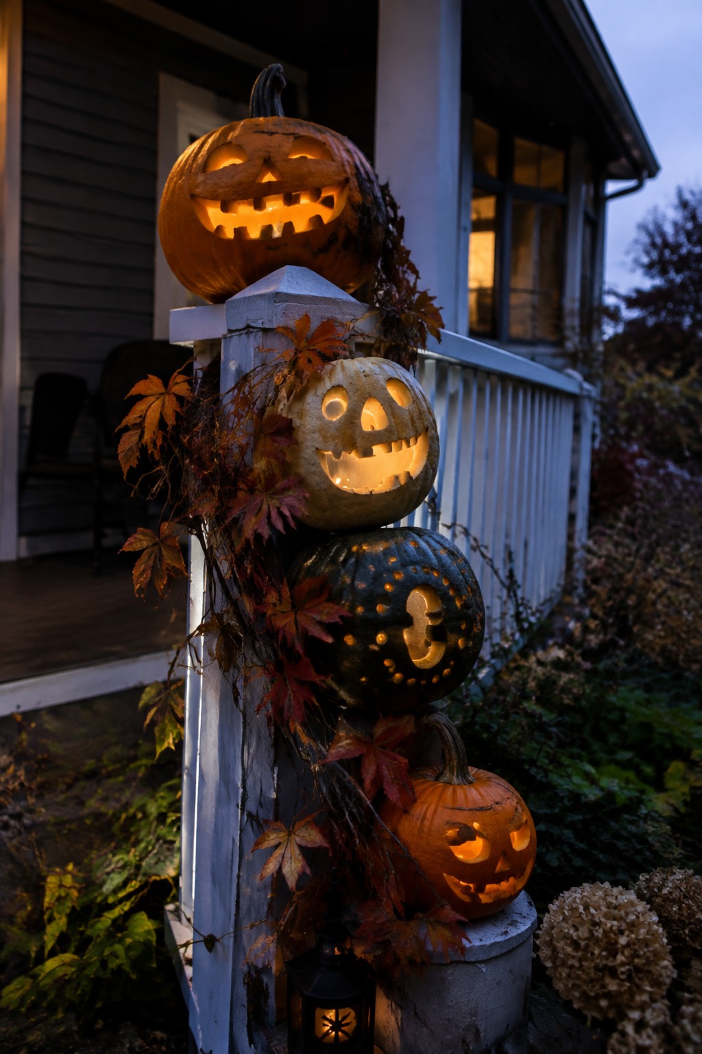Stacked jack o lanterns of different sizes and colors arranged vertically on a white porch post with carved faces lit from within.