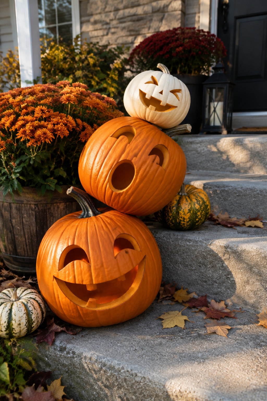 Three stacked jack o lanterns with carved faces sit on concrete porch steps next to smaller pumpkins and fall leaves.