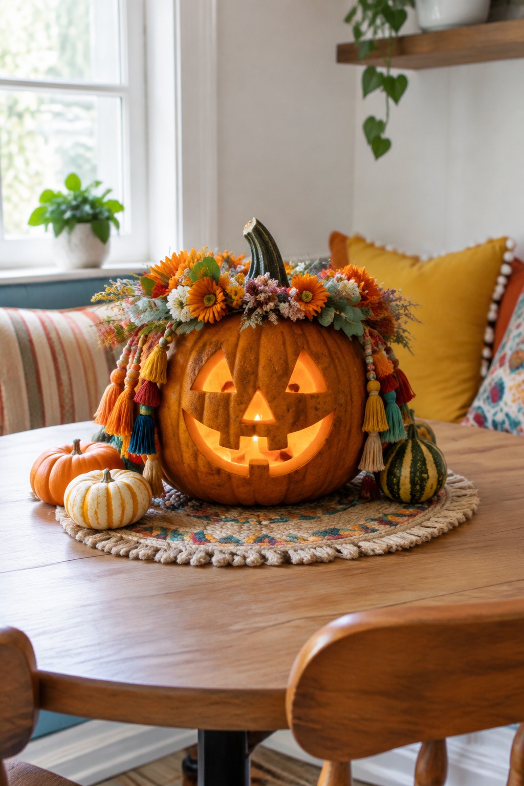 Lit jack-o'-lantern with floral crown and tassels amid mini pumpkins on wooden table