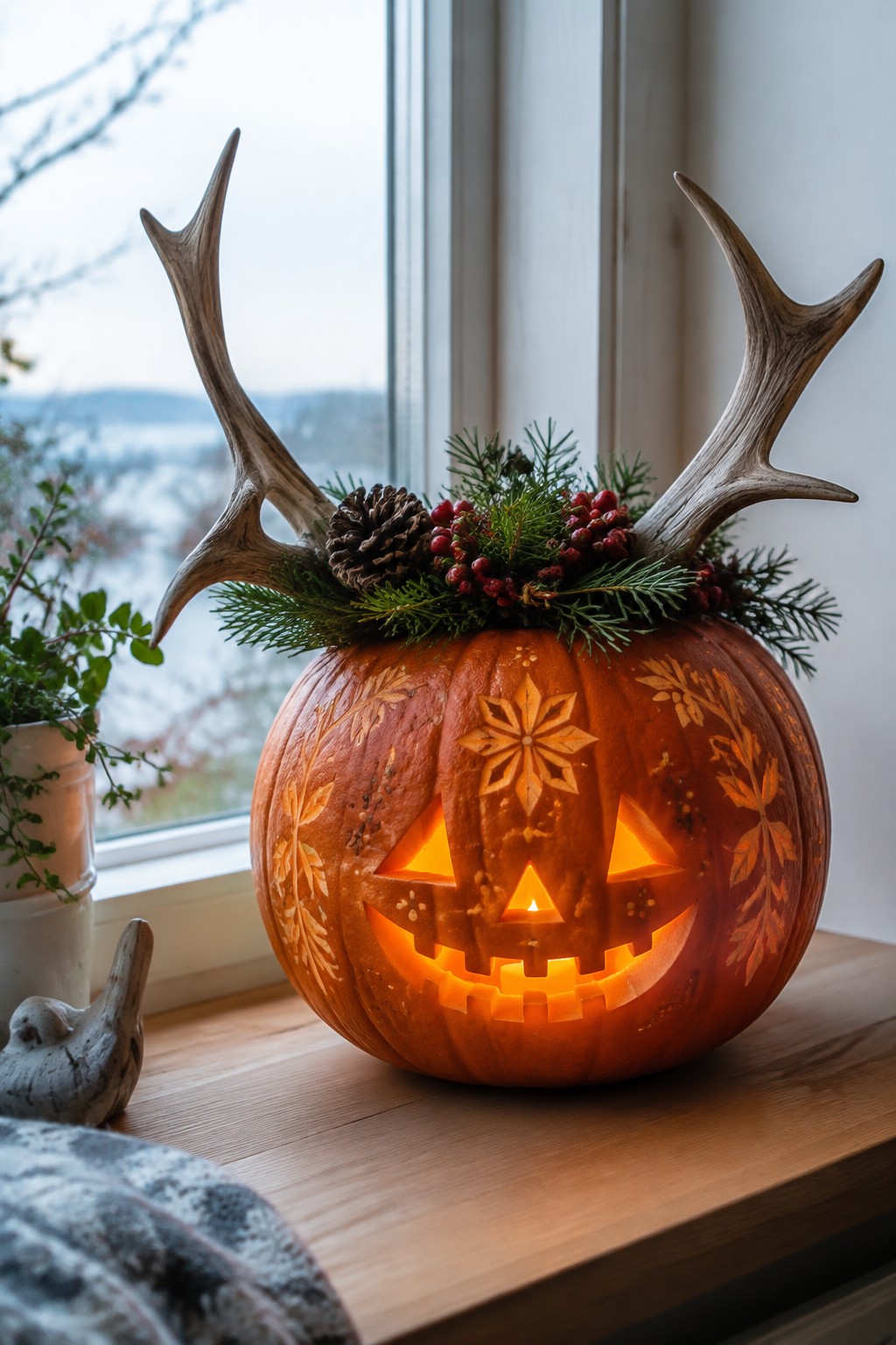 A glowing jack o lantern topped with antlers and a small garland of pine, pinecone, and berries on a wooden surface.