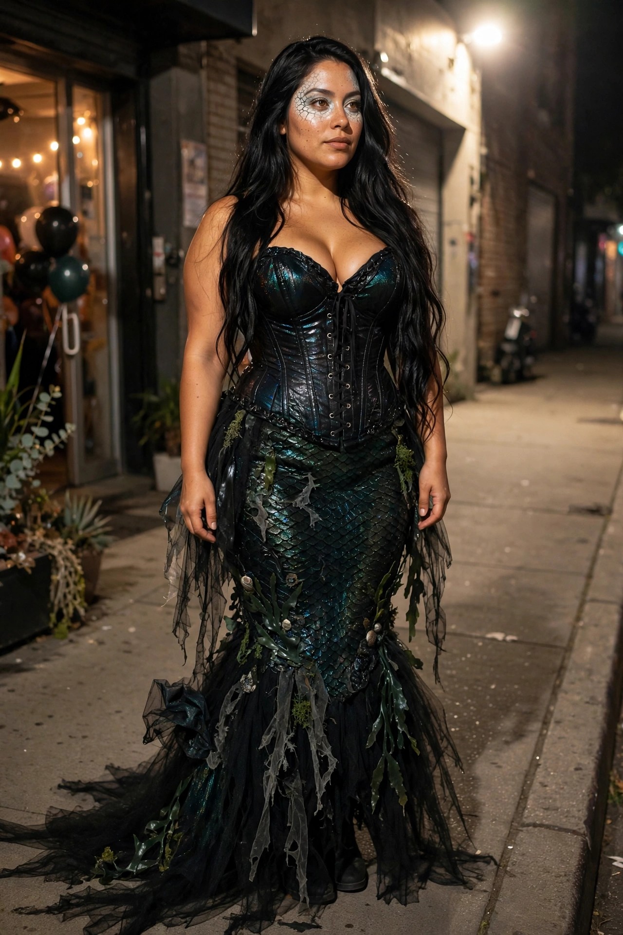 Woman wearing a dark teal iridescent corset and scaled mermaid tail costume with black tulle and seaweed accents plus scale face paint on one eye.