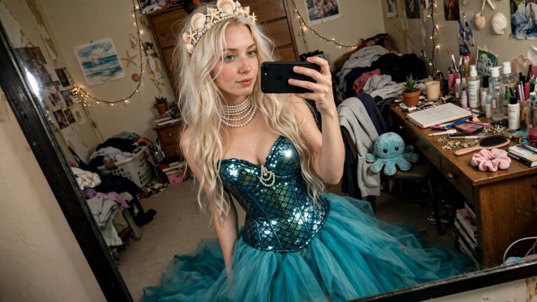 A woman wearing a green sequin mermaid costume featuring a structured corset top and scale patterned skirt with layered blue tulle at the hem plus a seashell crown and multiple pearl necklaces.