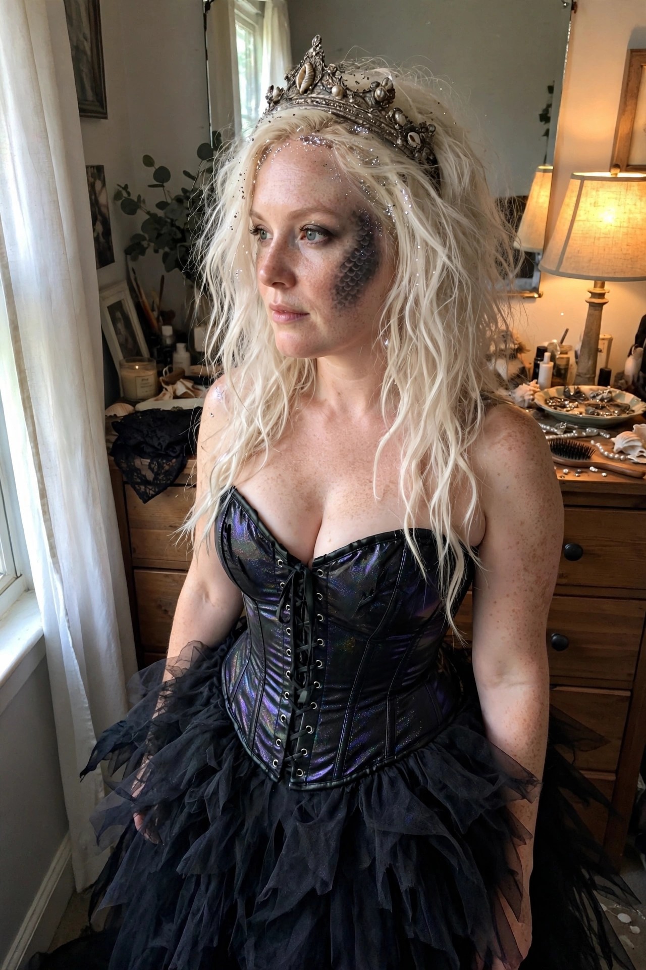 Woman wearing an iridescent black and purple corset with layered black tulle skirt, seashell crown, scale face paint on one cheek, and glitter in long wavy blonde hair.