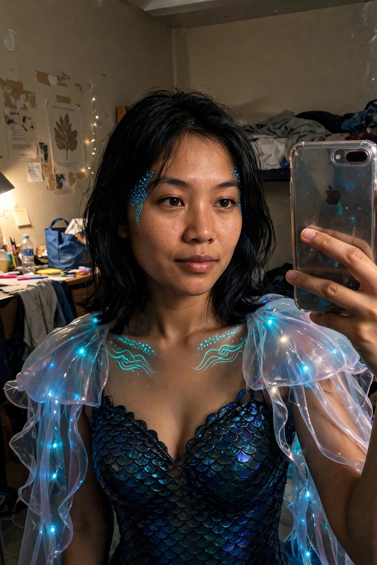 Woman wearing a blue-green scale patterned mermaid costume with sheer ruffled sleeves containing small lights and glowing blue wave designs painted on her face neck and shoulders.
