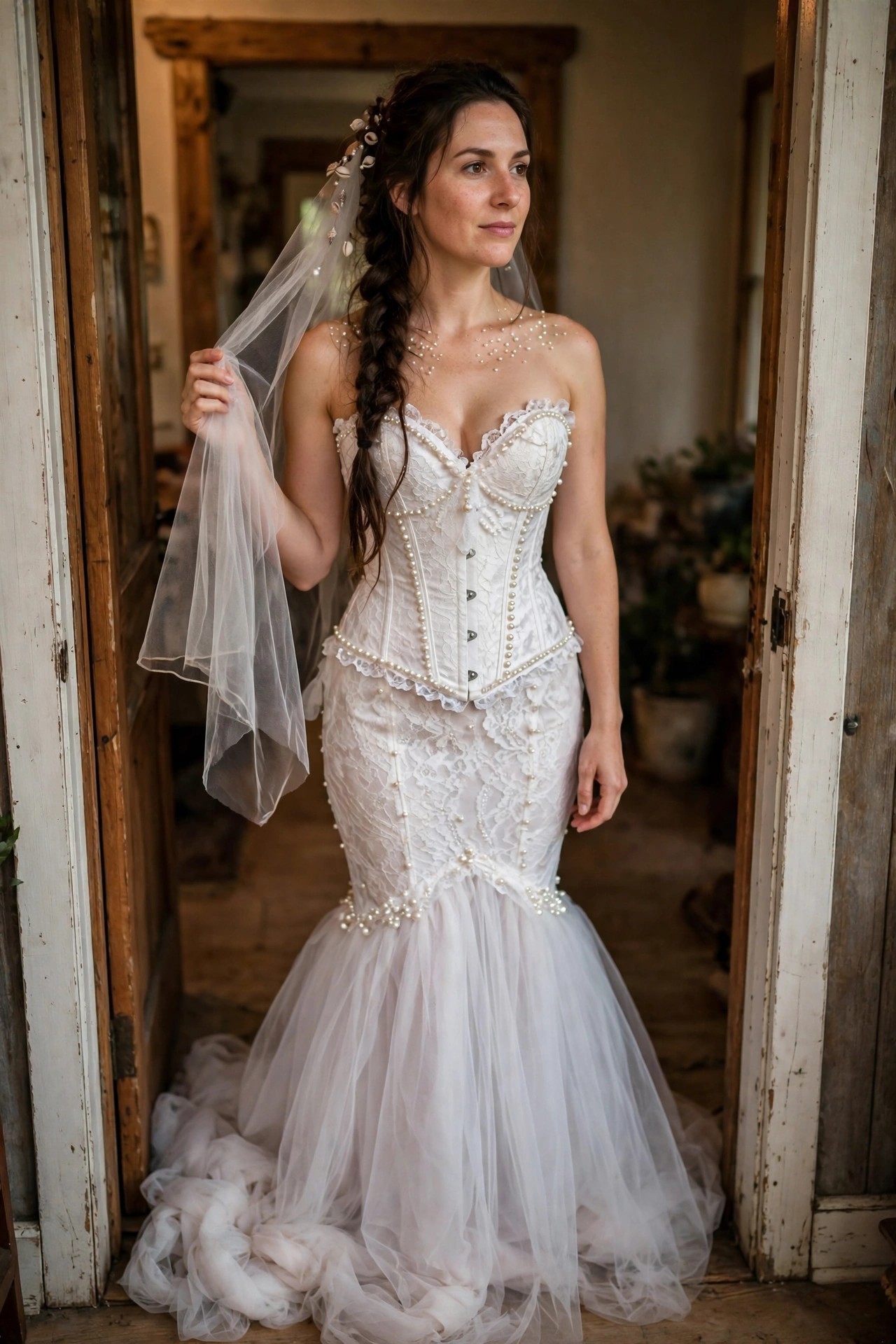 Woman wearing a white lace mermaid costume with pearl details, corset bodice, and shell adorned veil.