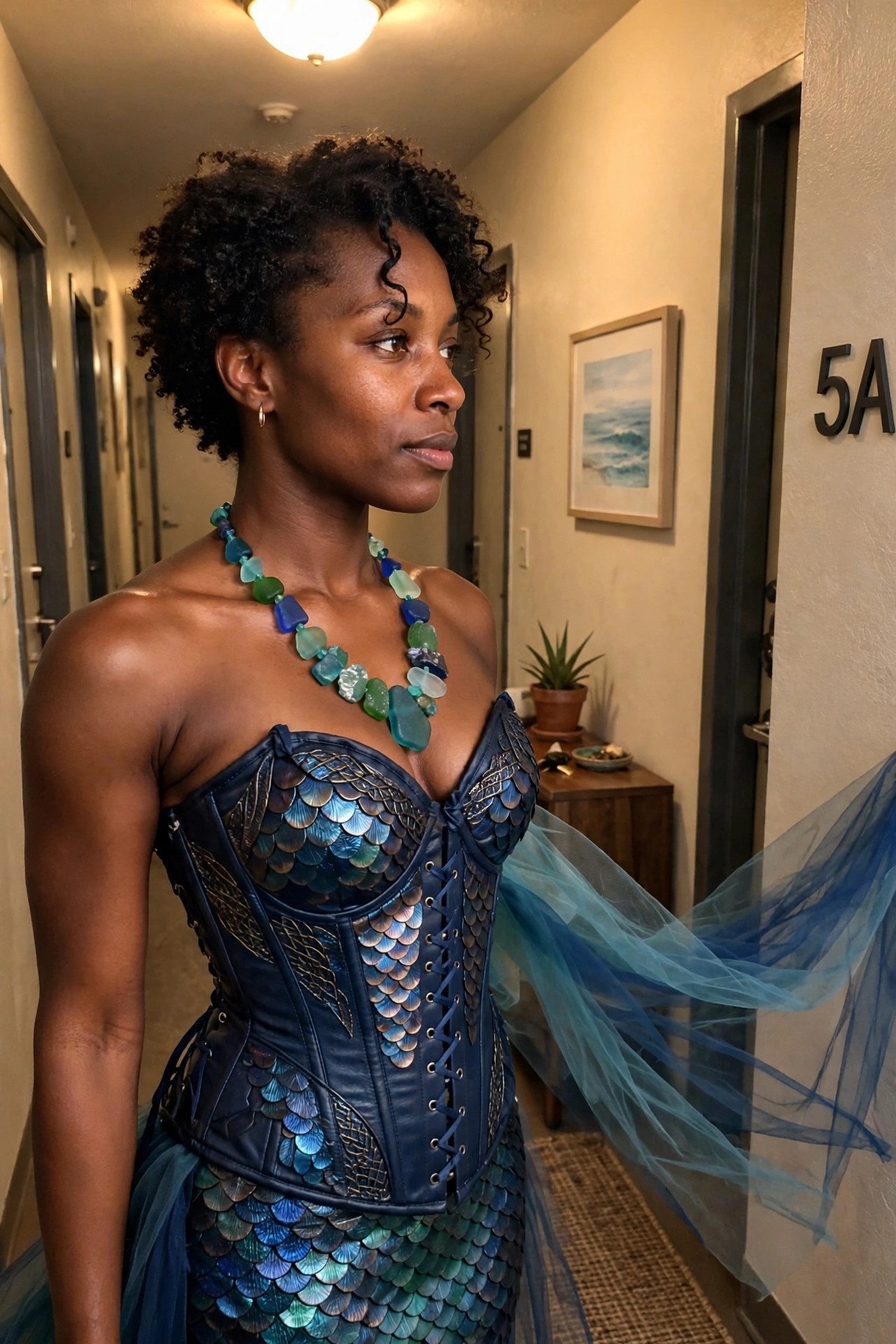 Woman wearing a blue scaled corset and matching mermaid skirt with tulle accents and a sea glass necklace.