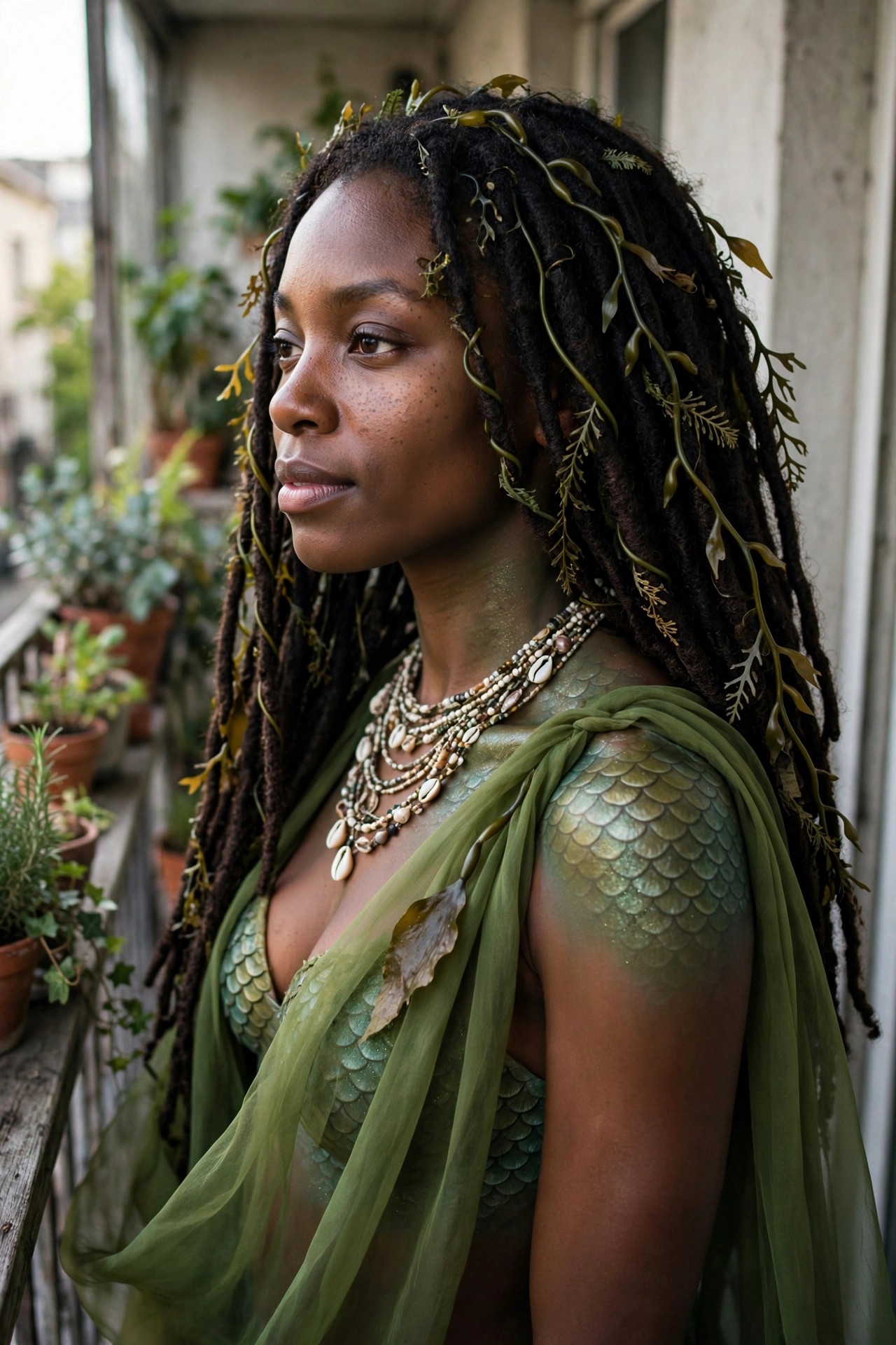 Woman in a green scaled mermaid costume with sheer green draping, shell necklace, and seaweed woven through dreadlocks.