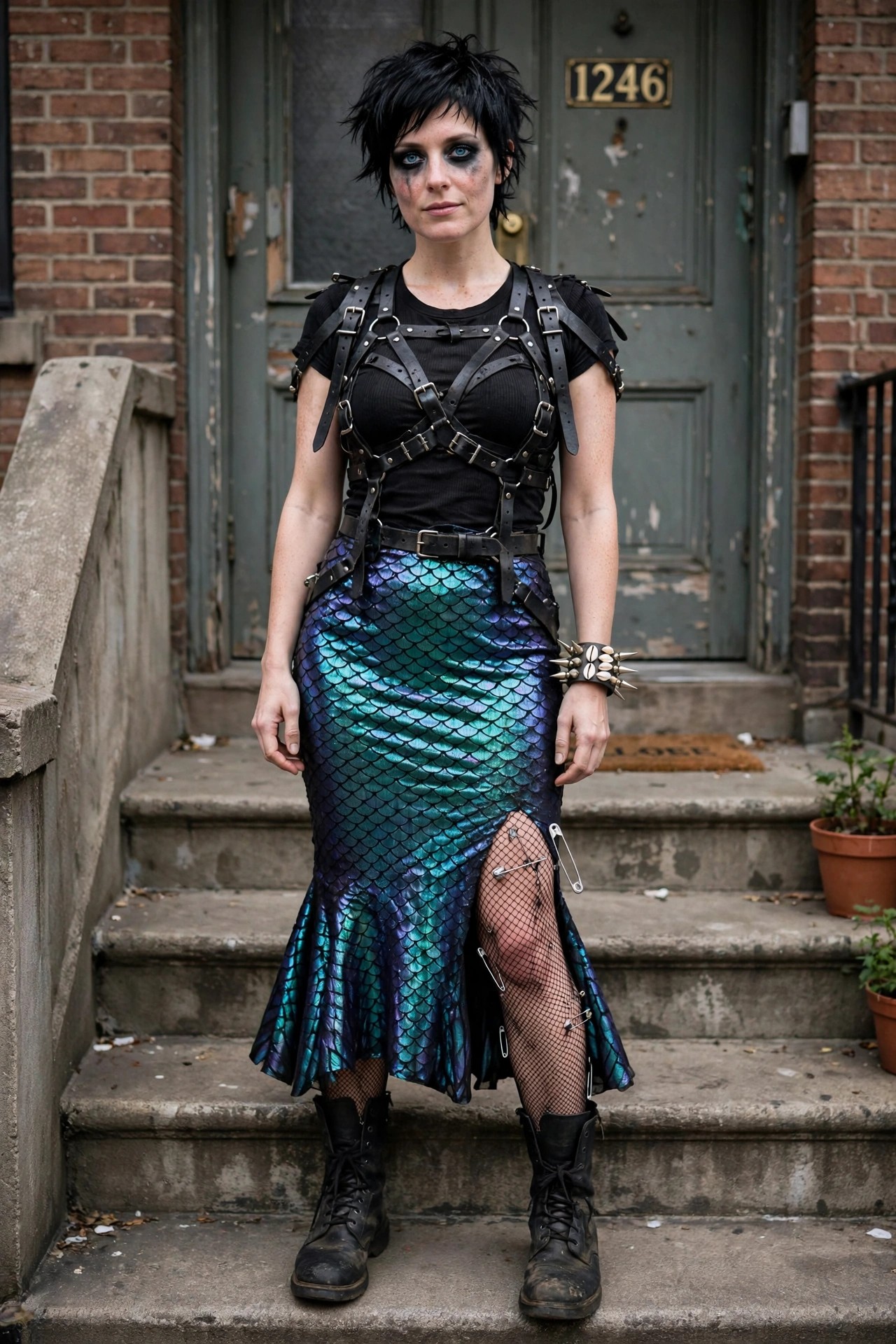 Woman wearing an iridescent blue green purple scale mermaid skirt with black harness top fishnet stockings safety pins and combat boots.