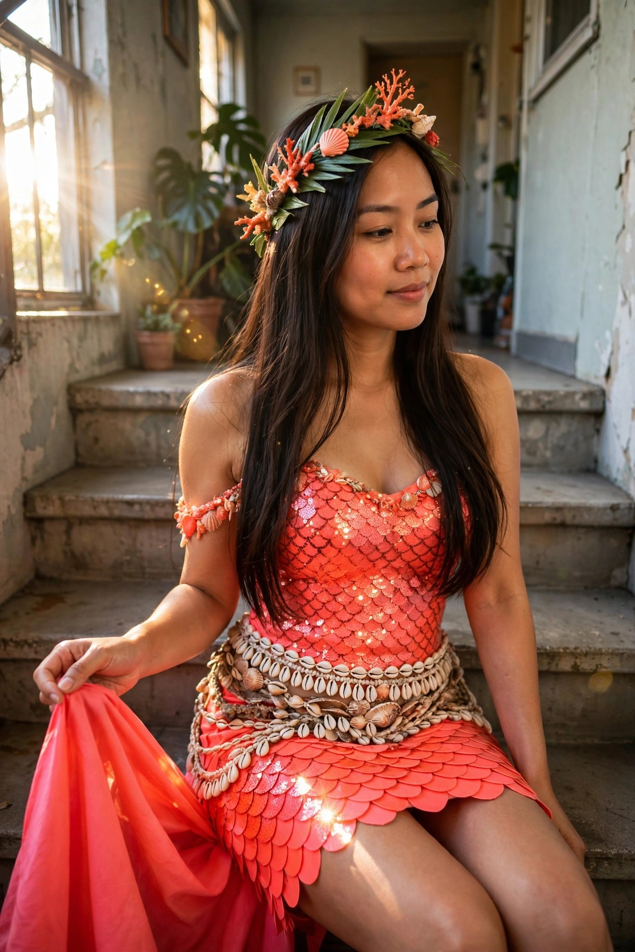 Woman wearing a red-orange sequined scale mermaid costume with matching shell belt and coral shell headpiece, seated on concrete steps.