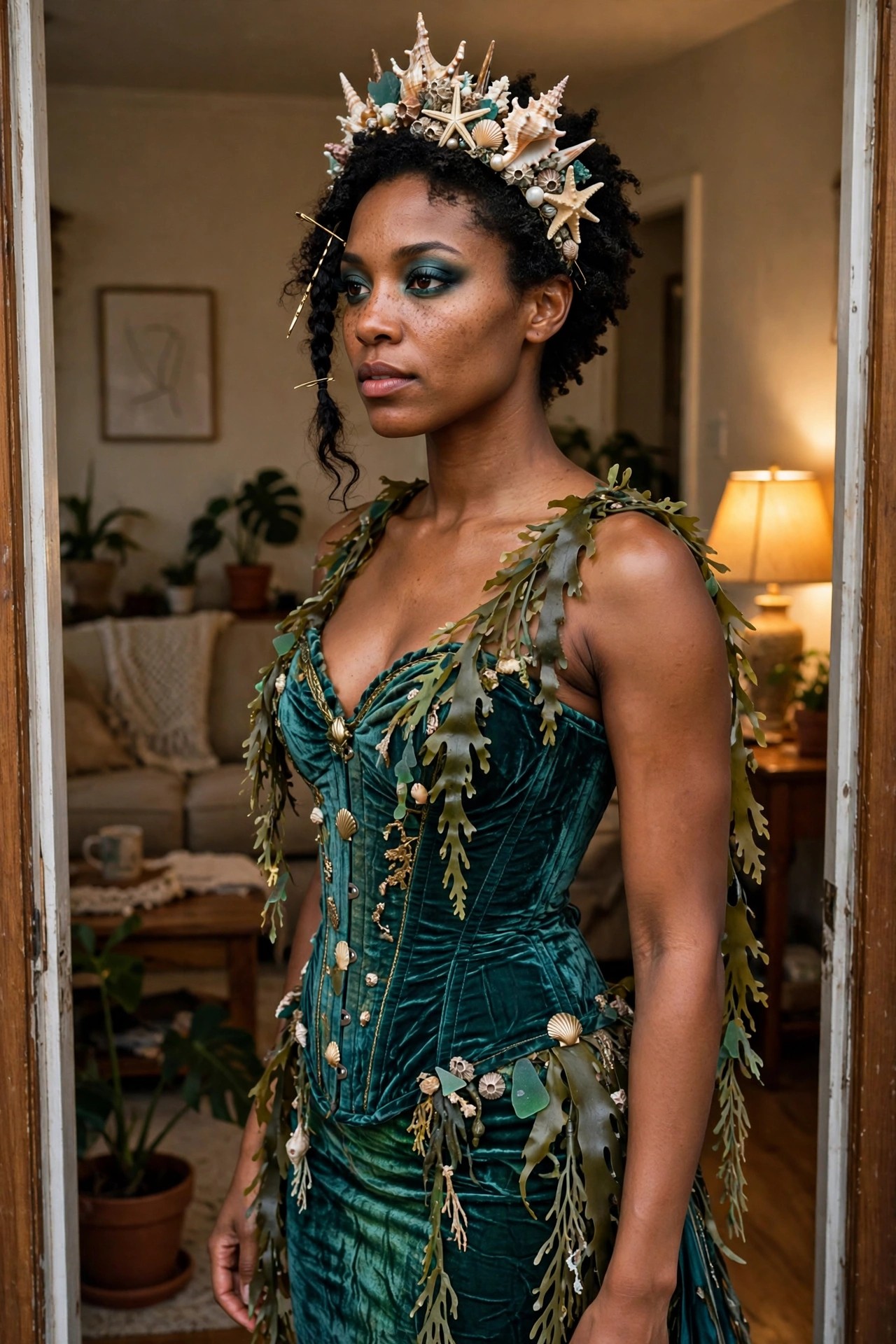 Woman wearing a teal velvet corset mermaid costume with dangling seaweed accents, shell and sea glass details, and a large crown made of seashells and starfish.