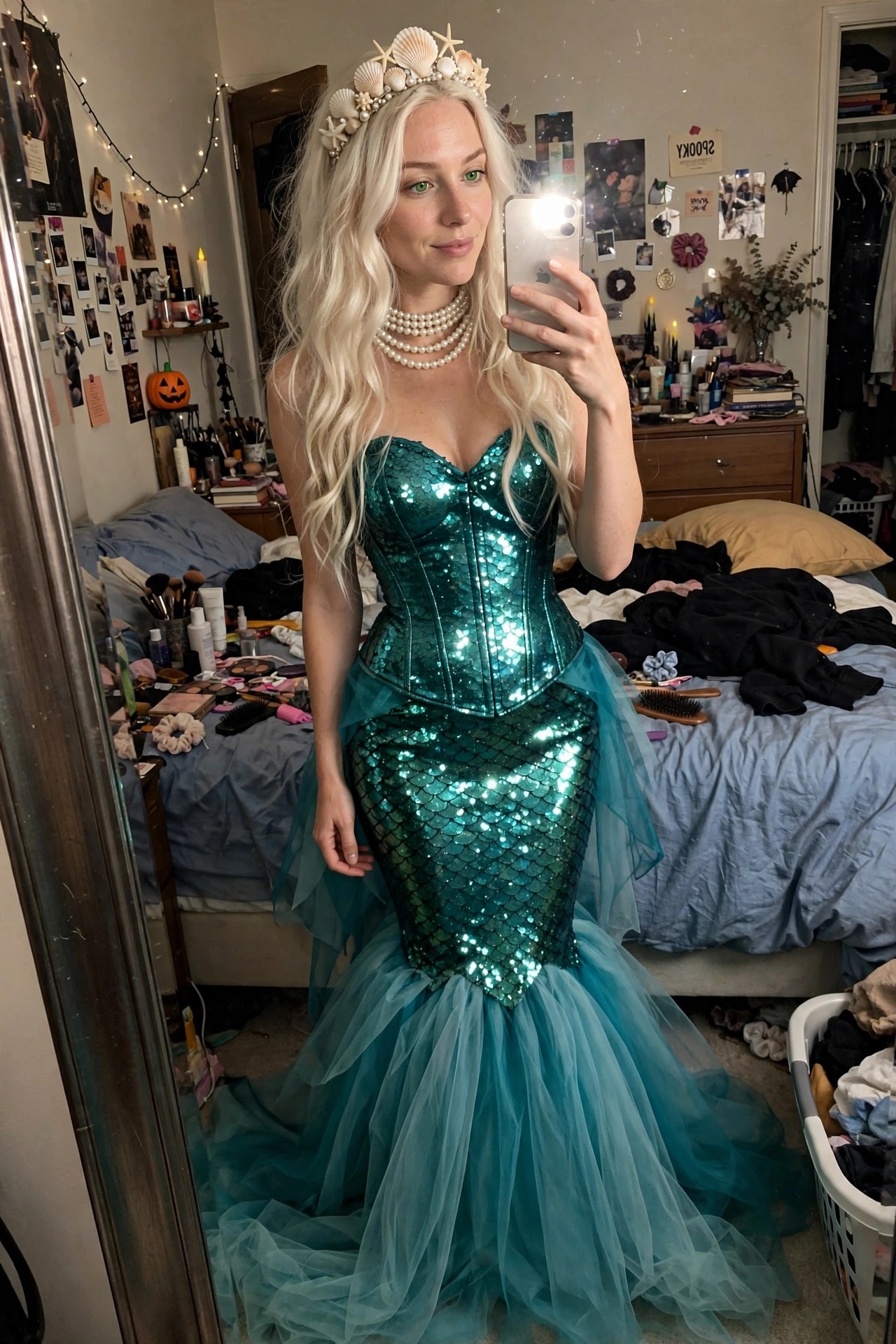 A woman wearing a green sequin mermaid costume featuring a structured corset top and scale patterned skirt with layered blue tulle at the hem plus a seashell crown and multiple pearl necklaces.