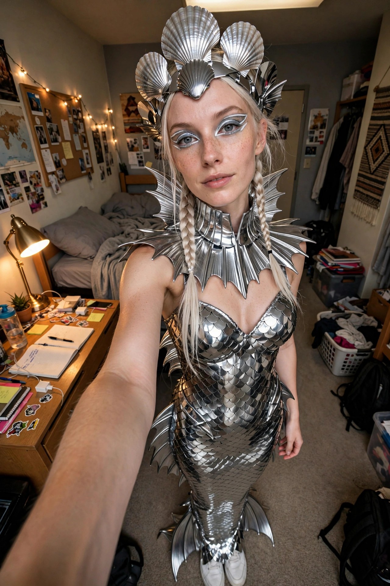 Woman wearing a full silver metallic mermaid costume with scaled bodice and tail, large silver shell headpiece, spiked neck collar, and two blonde braids.