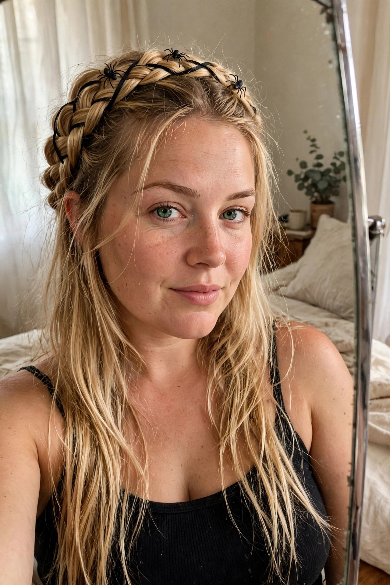 Blonde hair styled in a crown braid with black ribbon woven through and small black spider accents placed along the braid.