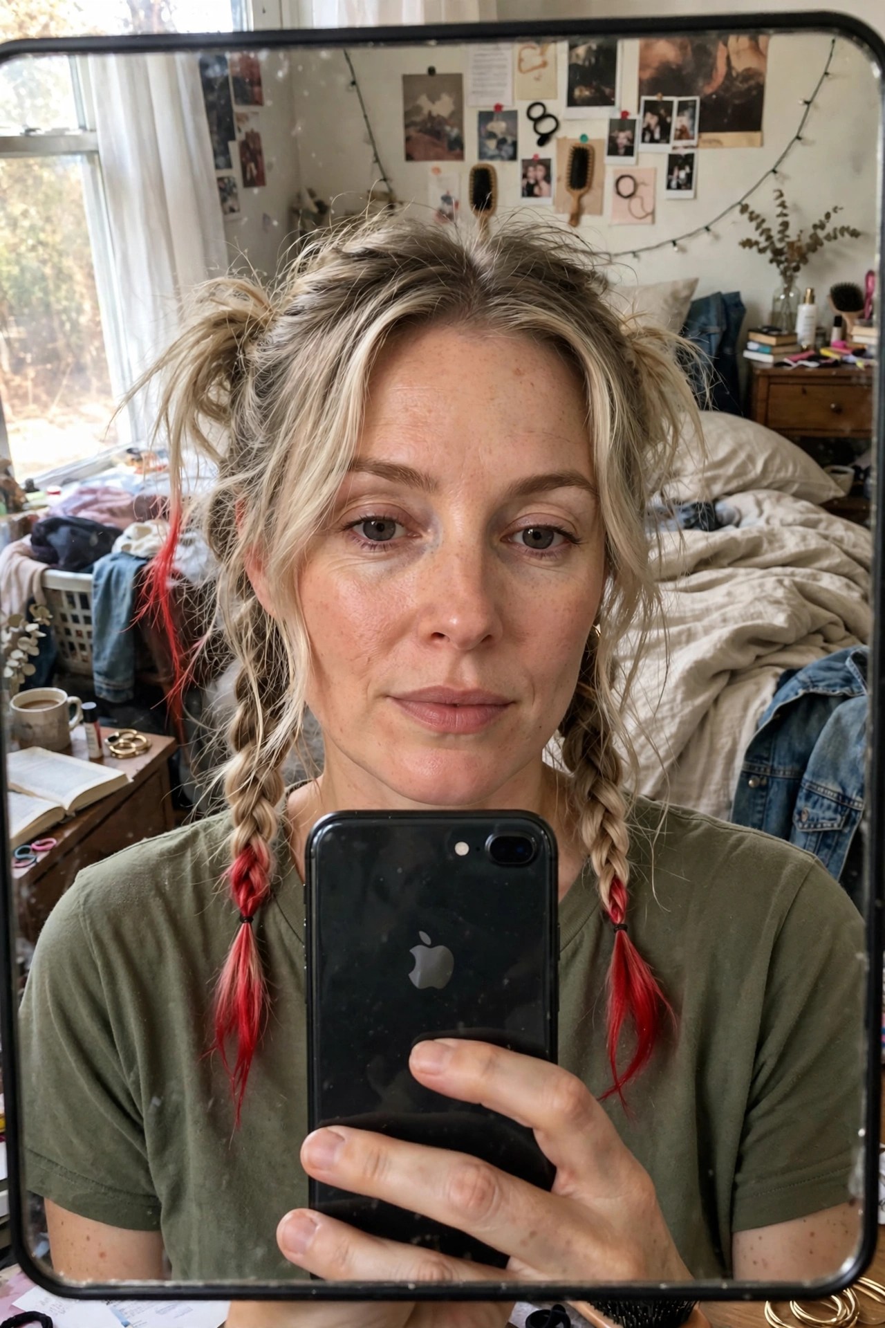 Woman with blonde hair styled in two loose braids featuring bright red tips at the ends.